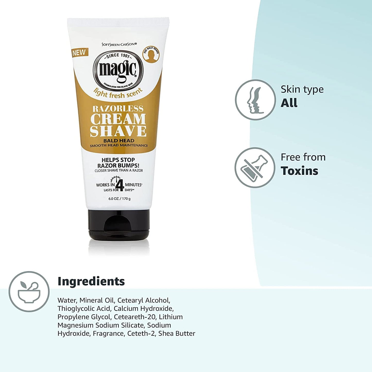Razorless Shaving Cream for Men Magic, Hair Removal Cream, for Bald Head Maintenance, No Razor Needed, Depilatory Cream Works in 4 Minutes for Coarse Curly Hair, 6 oz