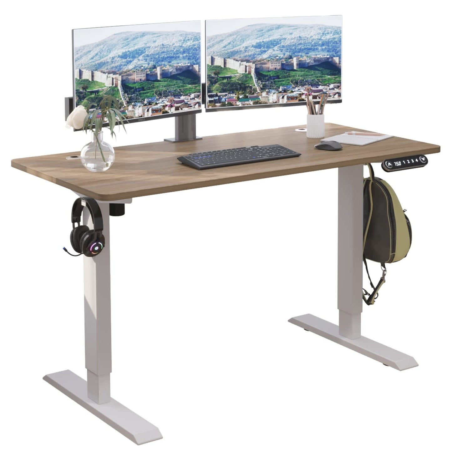 bilbil L-Shaped Electric Height Adjustable Standing Desk 59 Inches, Stand Up Rising Table for Home Office with Splice Board, Black Frame and Rustic Brown Top