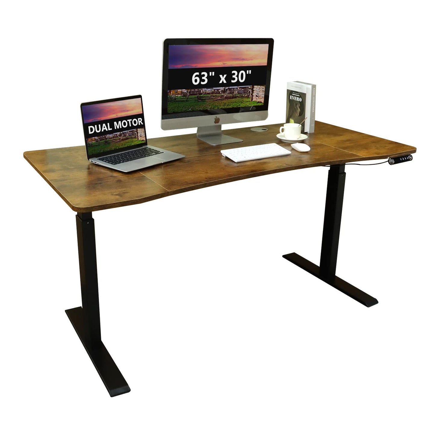 bilbil L-Shaped Electric Height Adjustable Standing Desk 59 Inches, Stand Up Rising Table for Home Office with Splice Board, Black Frame and Rustic Brown Top