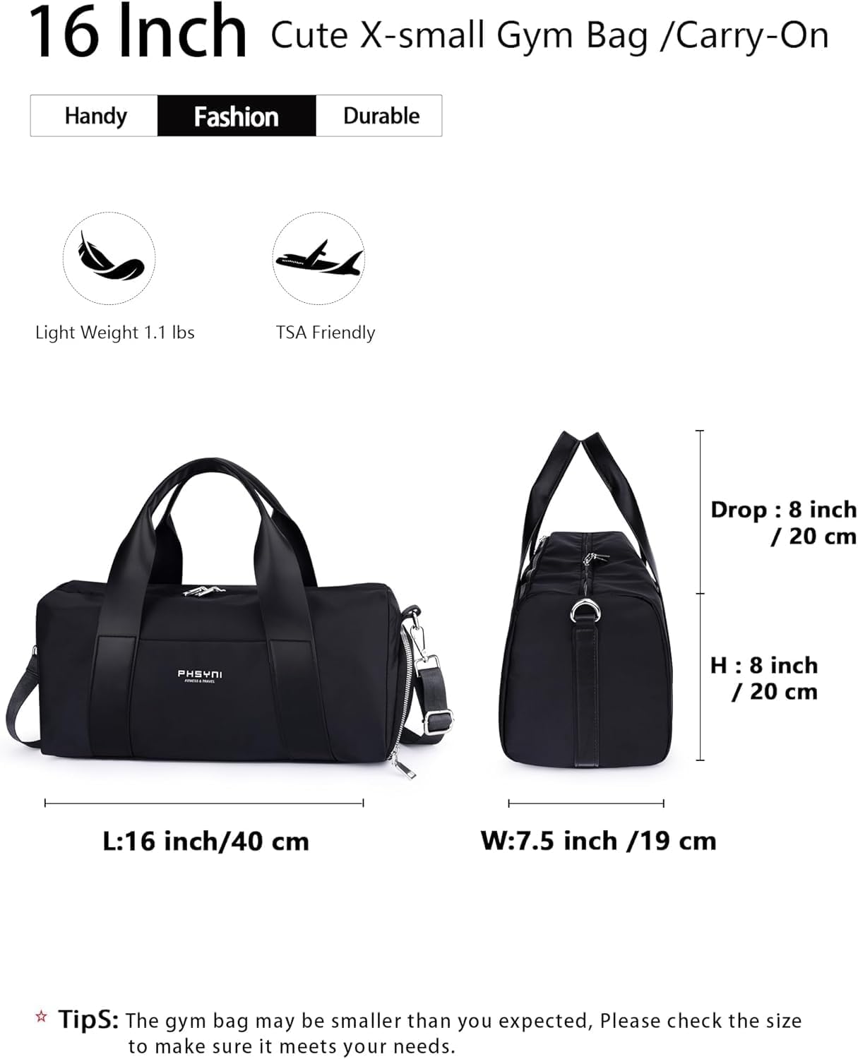 Compact Sports Gym Bag for Women and Men, Cute Mini Duffle Bag with Wet Pocket & Shoes Compartment, Personal Item Travel Workout Bag, 16"-Small, Black
