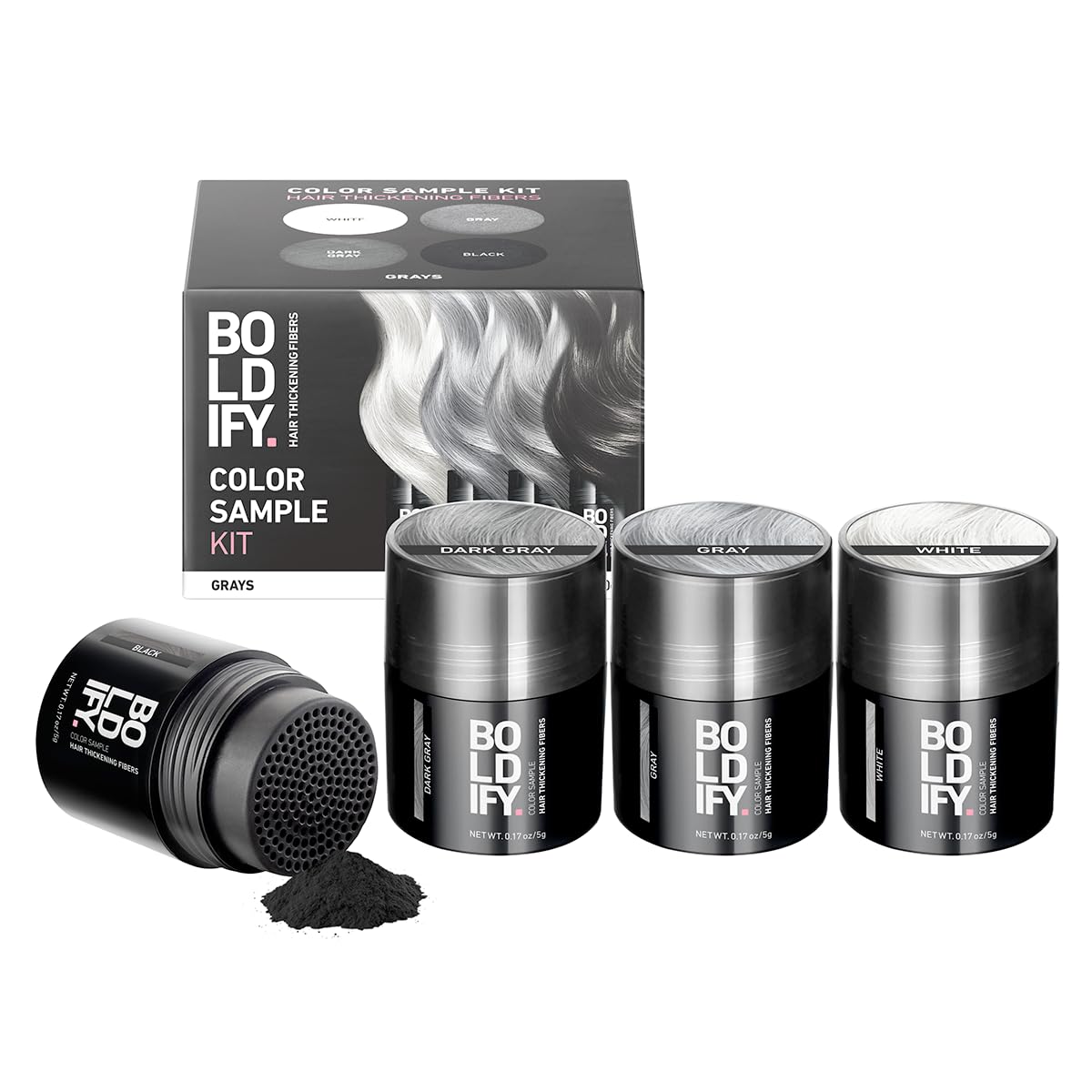BOLDIFY Hair Fibers (Color Discovery Kit) - Fill In Thinning and Fine Hair for an Instantly Fuller, Thicker Look - 14 Shades for Women & Men - Dark Browns + Black