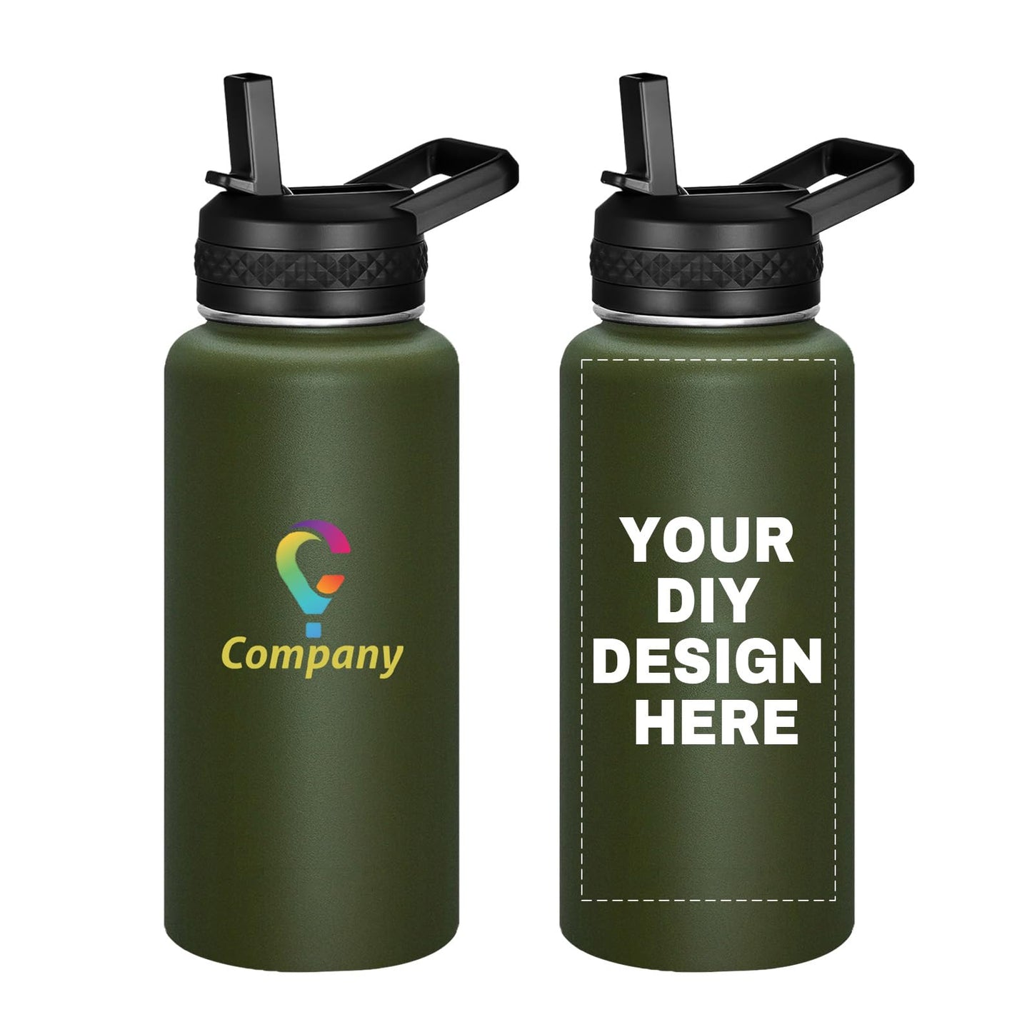 Personalized Custom Water Bottle with Text Photo Print in USA 32oz Double Wall Stainless Steel Leakproof Wide Mouth Cup with Flip Straw