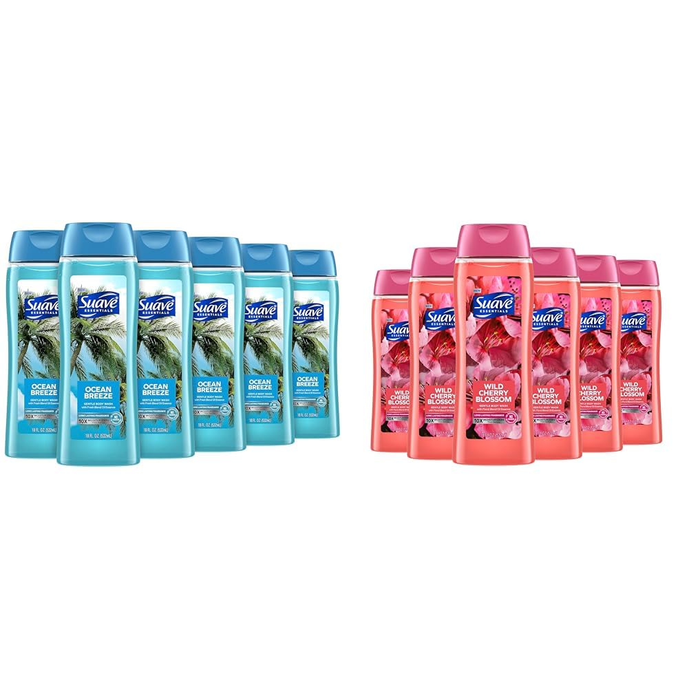 Suave Moisturizing Body Wash, with Ocean Breeze Scent and Vitamin E Extract, No Parabens, No Phtahaltes, 18 Oz Pack of 6