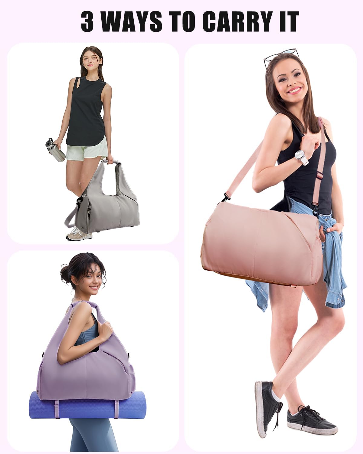 Gym Bag for Women with Shoe Compartment Yoga Mat Bag with Wet Pocket and Water Bottle Holder Weekender Bag with Strap