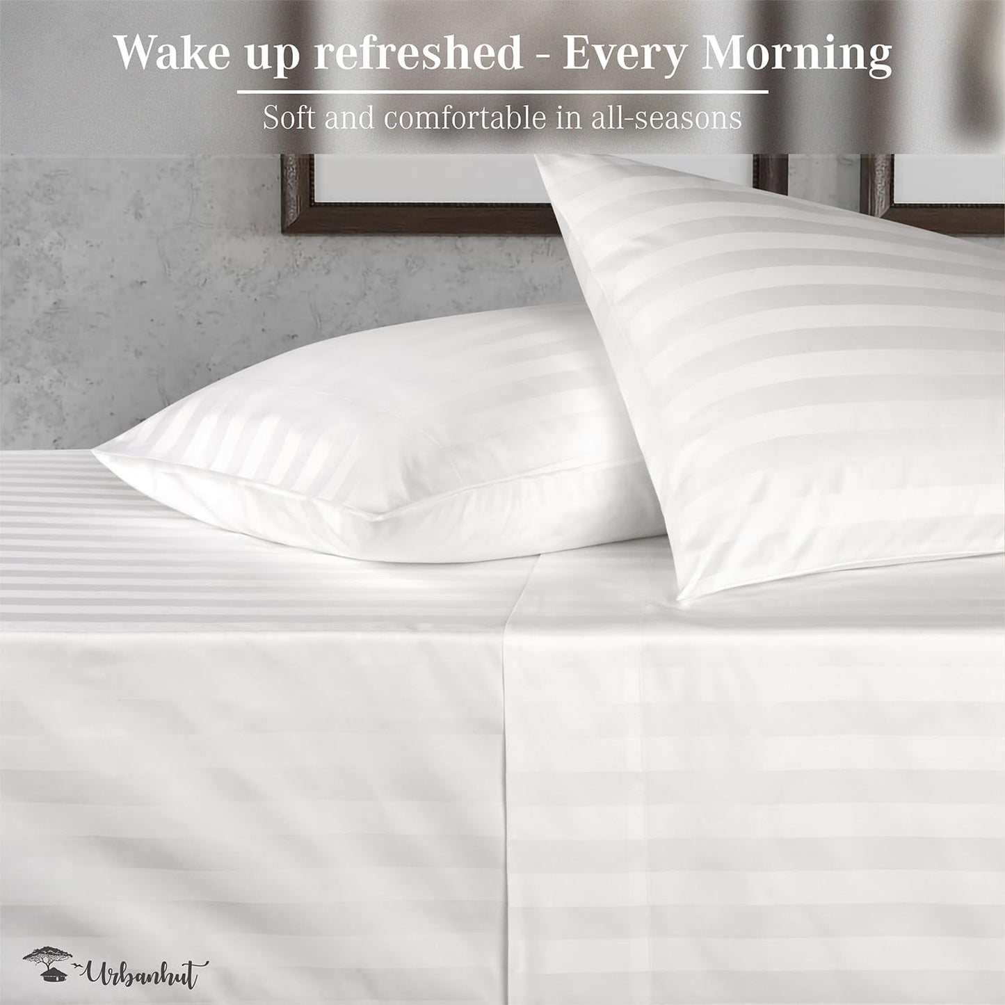 URBANHUT 1000 Thread Count Egyptian Cotton Sheets Damask Striped King Size, Long Staple Soft & Breathable, 4 Pc Bed Sheet Sets, Luxury Hotel Sateen Sheets Fits 16" Deep Pocket - White