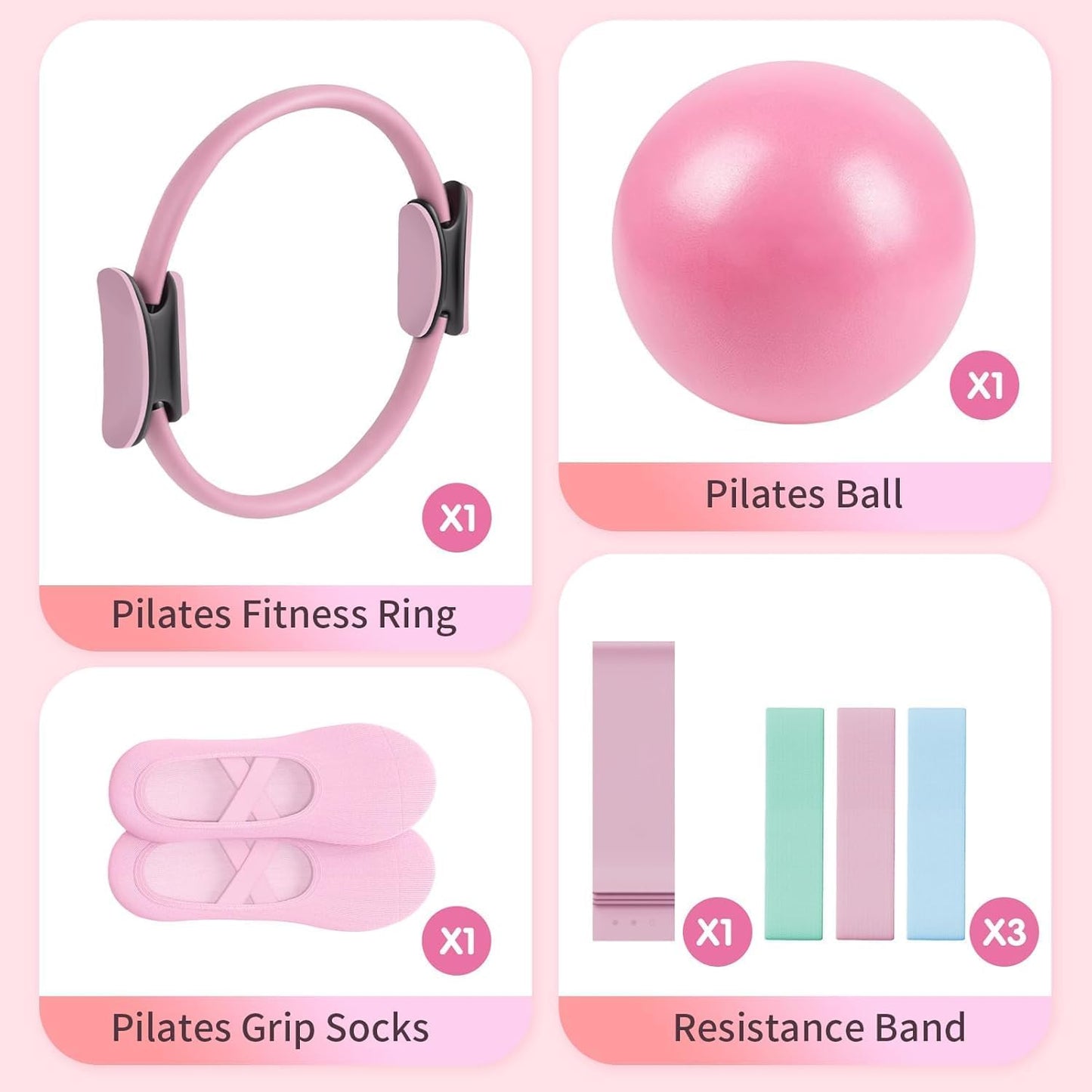 Pilates Essential Kit - Home Pilates Equipment Set - with Toning Pilates Ring & Long Resistance Bands & 3 Level Pilates Loop Bands & Soft Pilates Ball & Pilates Grip Socks