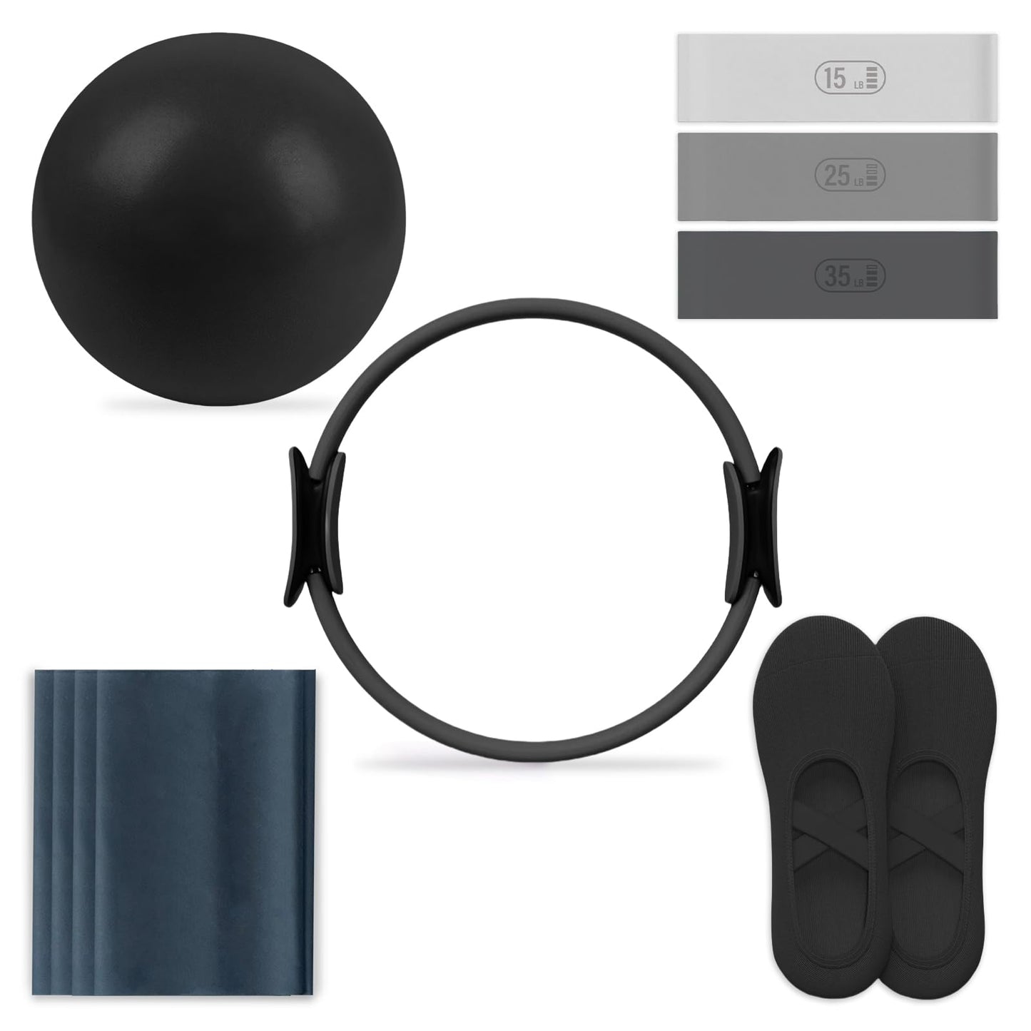 Pilates Essential Kit - Home Pilates Equipment Set - with Toning Pilates Ring & Long Resistance Bands & 3 Level Pilates Loop Bands & Soft Pilates Ball & Pilates Grip Socks