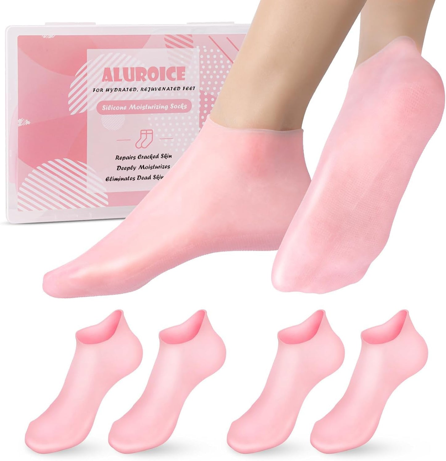 2 Pairs Silicone Moisturizing Socks for Dry Cracked Feet Women, Soft Gel Pedicure Foot Spa Aloe Socks, Anti-Slip Moisturizer Socks for Dry Cracked Feet Overnight Foot Care Pink&White