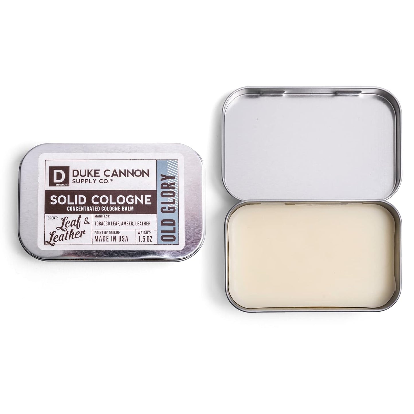 Duke Cannon Solid Cologne - Old Glory Premium Concentrated Cologne Balm, Fresh Tobacco, Amber, and Leather Scent, 1.5 oz. Travel Tin