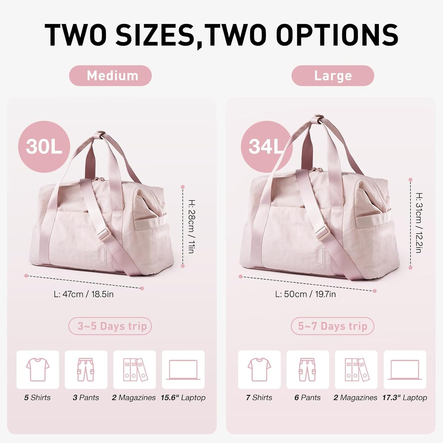 BAGSMART Gym Bag for Women, Carry on Weekender Overnight Bag, Travel Duffel Bags with Trolley Sleeve, Personal Item Travel Bag Tote Bag Workout Dance Bag(Pink,Medium)