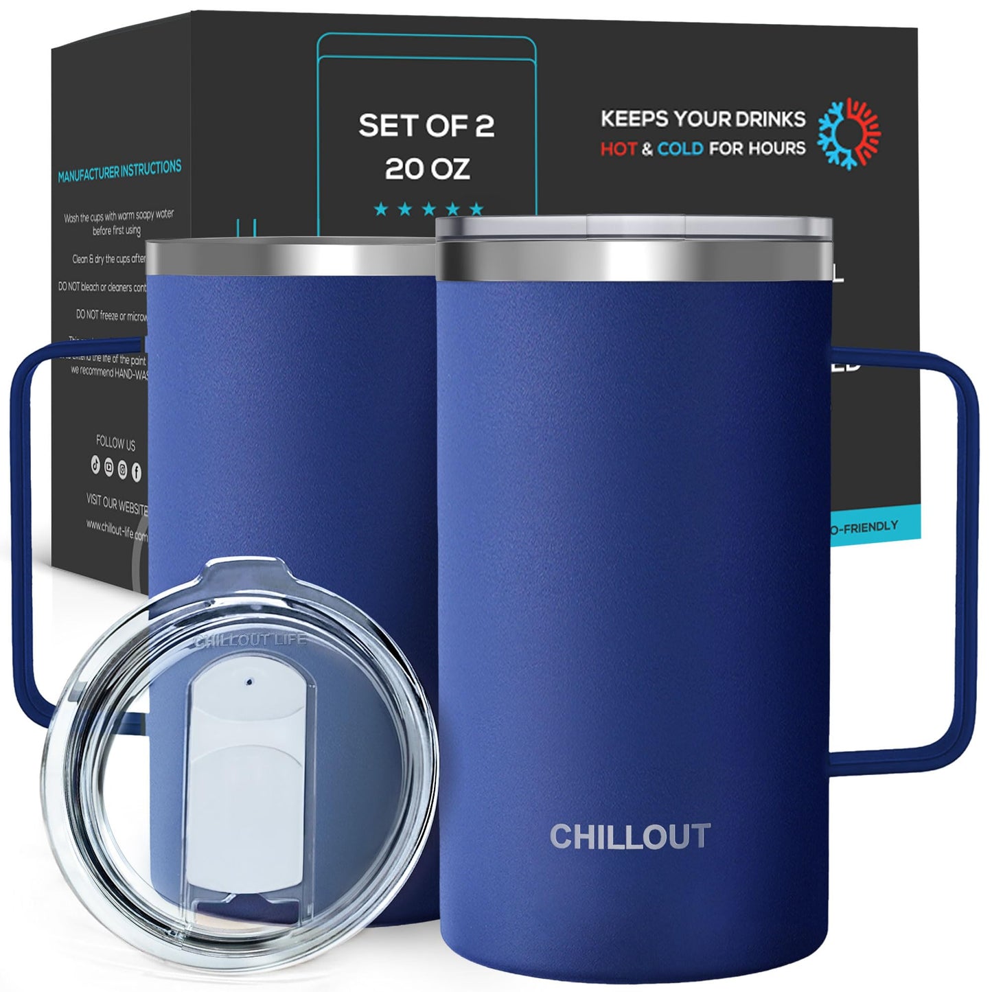 CHILLOUT LIFE Stainless Steel Vacuum Insulated Coffee Mug 16 oz (Set of 2) with Handle and Lid, Large Thermal Camping Coffee Mugs with Sliding Lid for Men & Women, Keeps Your Beverages Hot & Cold