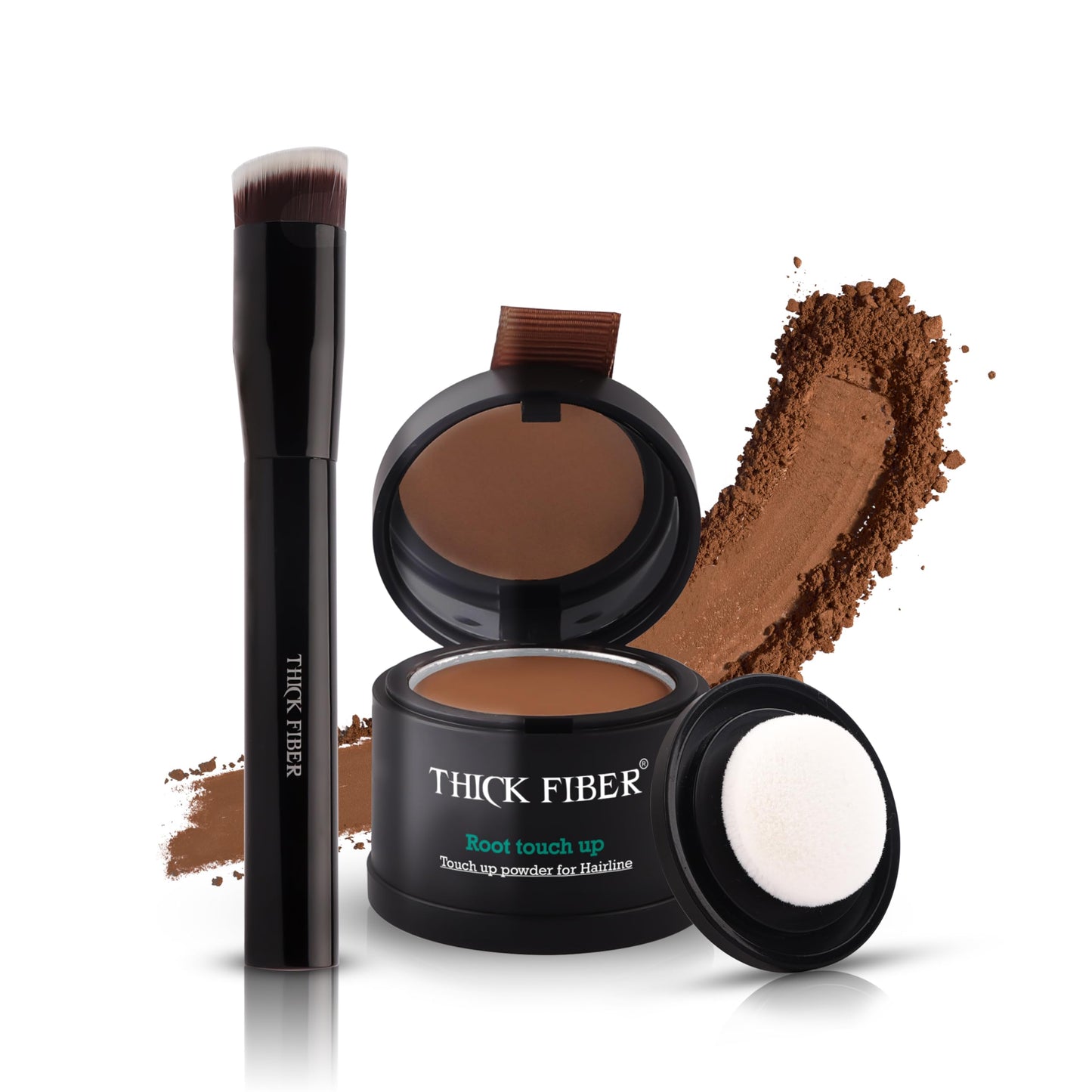 THICK FIBER Root Touch Up Powder - Water & Sweat Resistant Hair Loss Concealer Set for Thinning Hair Women, Includes Brush (Black)