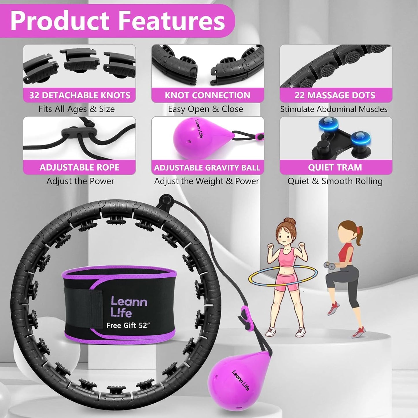 U2 Black-32 Knots 19”- 65”, Detachable & Size Adjustable Weighted Hula Hoop for Kids Adults Weight Loss, Infinity Hoop Plus Size, Abdominal Toner,5 Color Balls, Free Waist Trimmer&Wash Bag