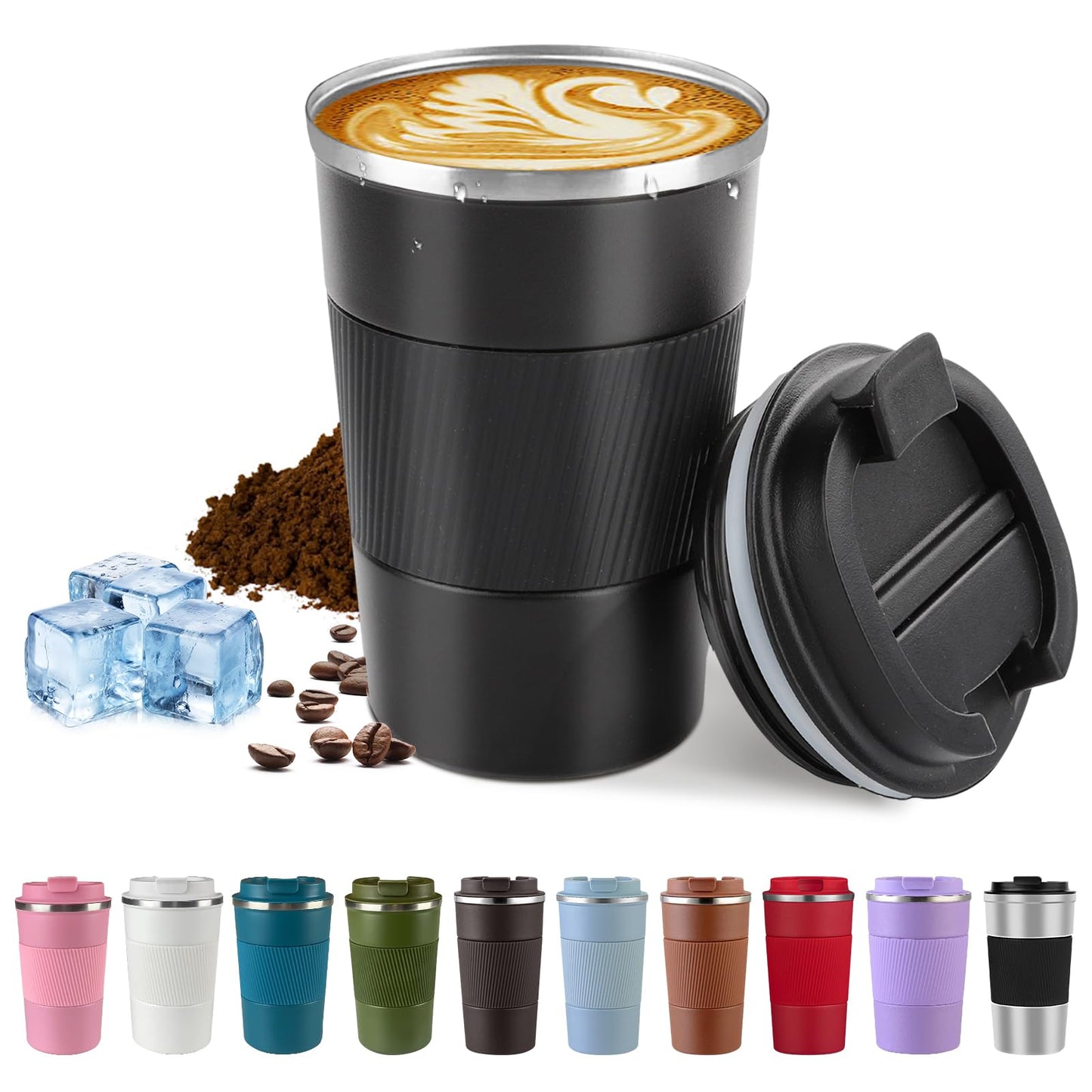 Vacuum-Insulated Stainless Steel Travel Coffee Mug, Leak-Proof Reusable Coffee Cup with Lid - Keep Hot & Cold Drinks for Hours, Durable Thermos Tumbler for Men & Women (3rd-Black, 12OZ)