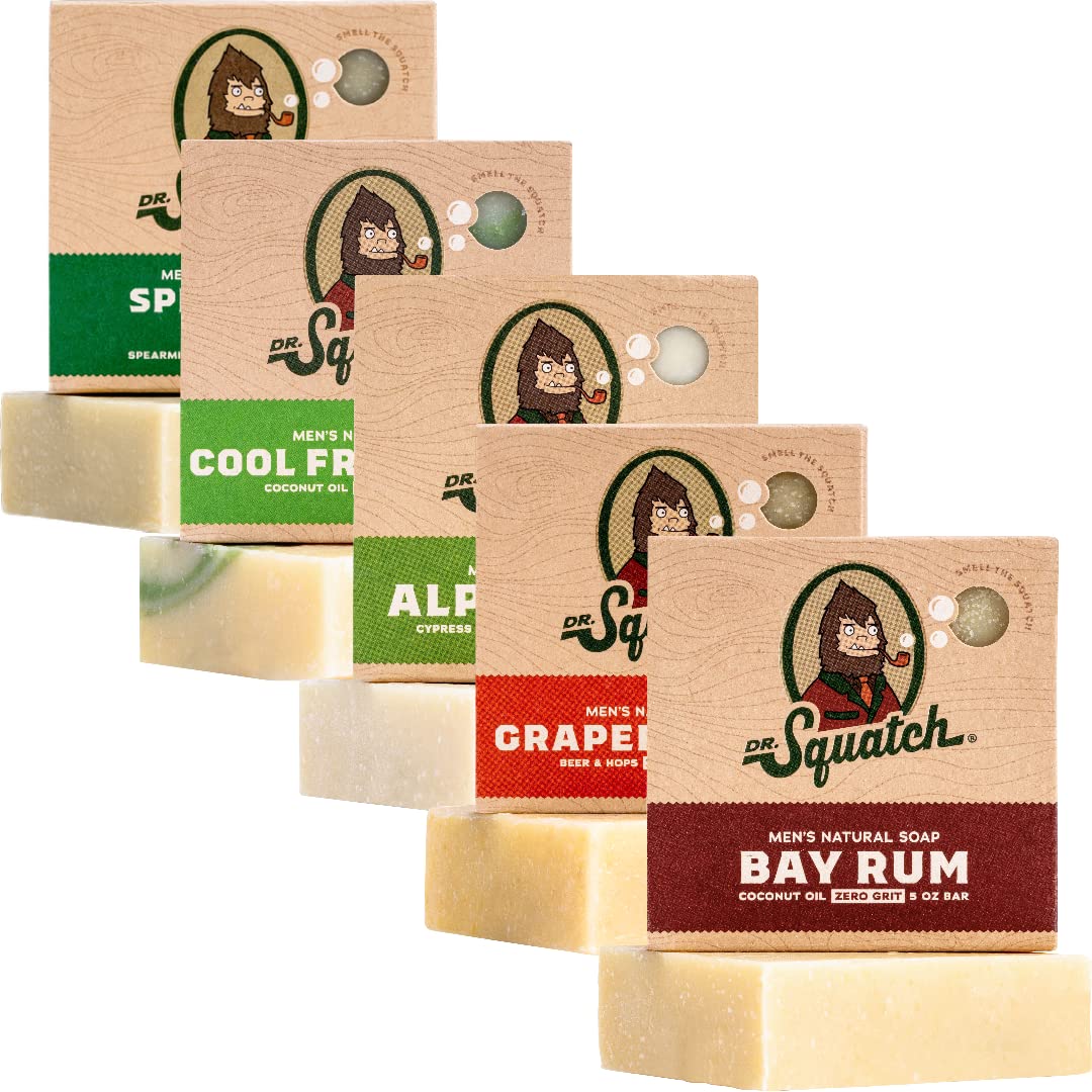 Dr. Squatch Natural Bar Soap for Men - Cold Process Soap with No Harsh Chemicals - Cedar Citrus, Gold Moss, Bay Rum, Pine Tar & Alpine Sage (5 oz, 5-Pack)