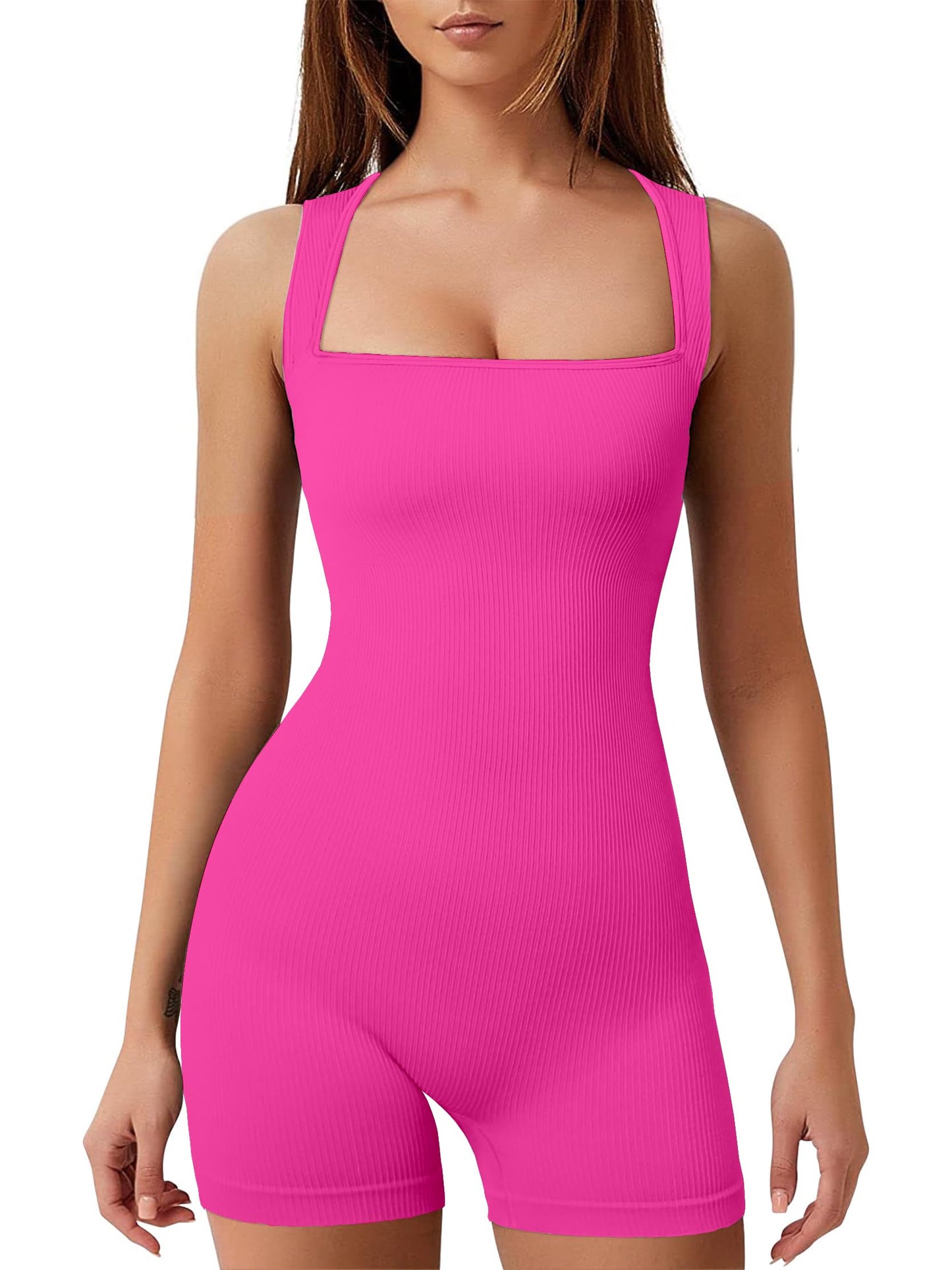Women's Workout Seamless Romper Yoga Ribbed Bodycon One Piece Square Neck Shorts Jumpsuit