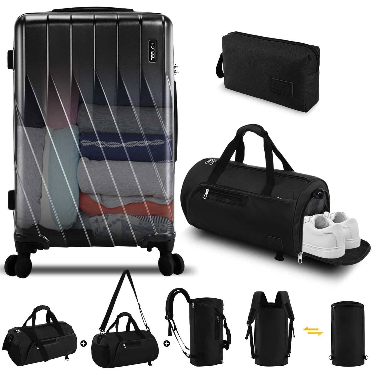 Hoteel 3-Piece Luggage Set with Spinner Wheels, Durable Carry On Suitcase Luggage with TSA Lock, Portable Lightweight ABS Luggages for Travel, Black