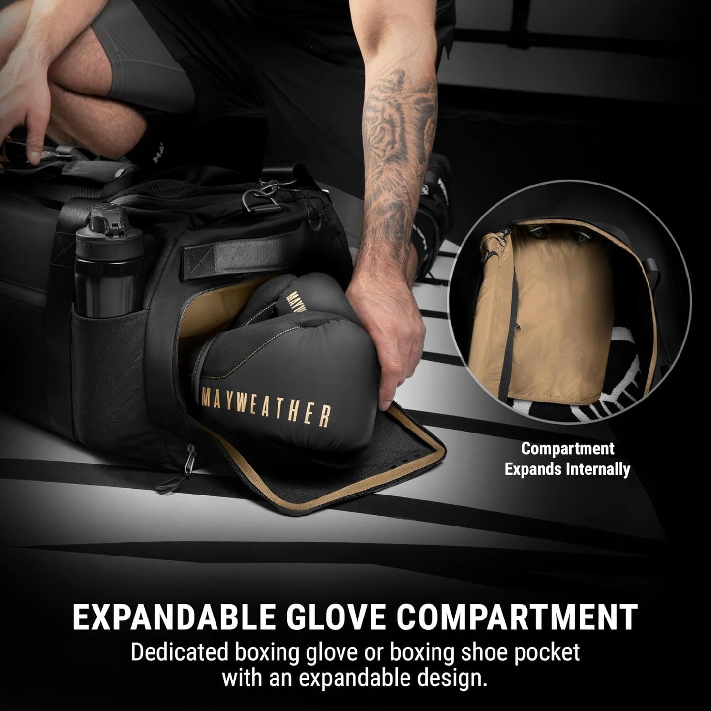 Hayabusa Mayweather Airstream Duffle Gym Bag for Women and Men - Black/Gold, 50L