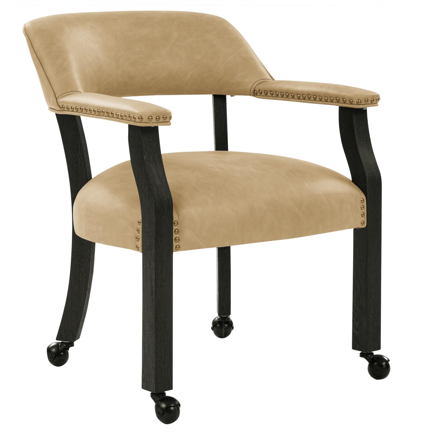 Steve Silver Furniture Tournament Arm Dining Chair with Casters, Upholstered w/Nailhead Trim, for Living Room, Dining Room, Vegan Leather, 18-Inch Seat Height, 25" W x 25" D x 31" H, Black