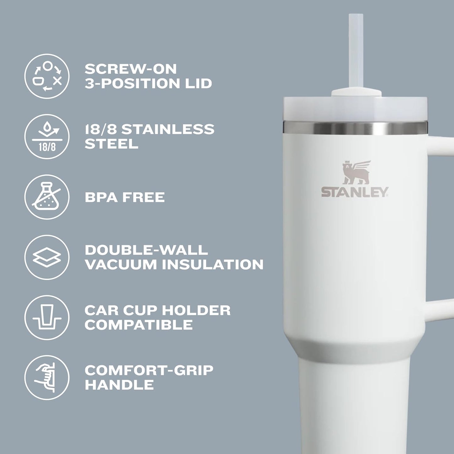 STANLEY Quencher H2.0 Tumbler with Handle and Straw 40 oz | Flowstate 3-Position Lid | Cup Holder Compatible for Travel | Insulated Stainless Steel Cup | BPA-Free | Black Chroma