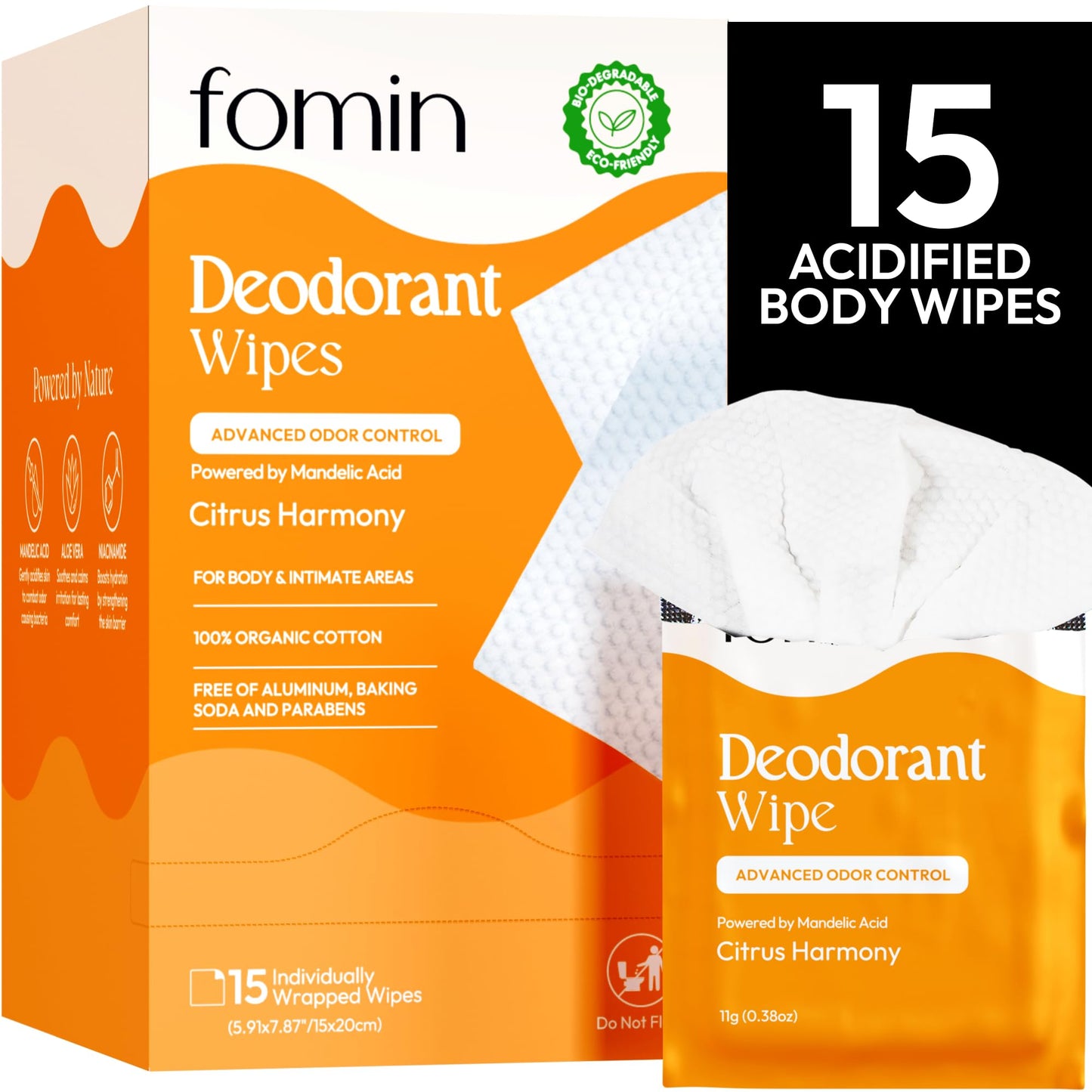 FOMIN Acidified Travel Deodorant Wipes For Women & Men - 15 Count - Variety Pack - pH Balanced, Mini Deodorant Travel Size Wipes - Plastic-Free, Individually Wrapped Underarm Body Wipes