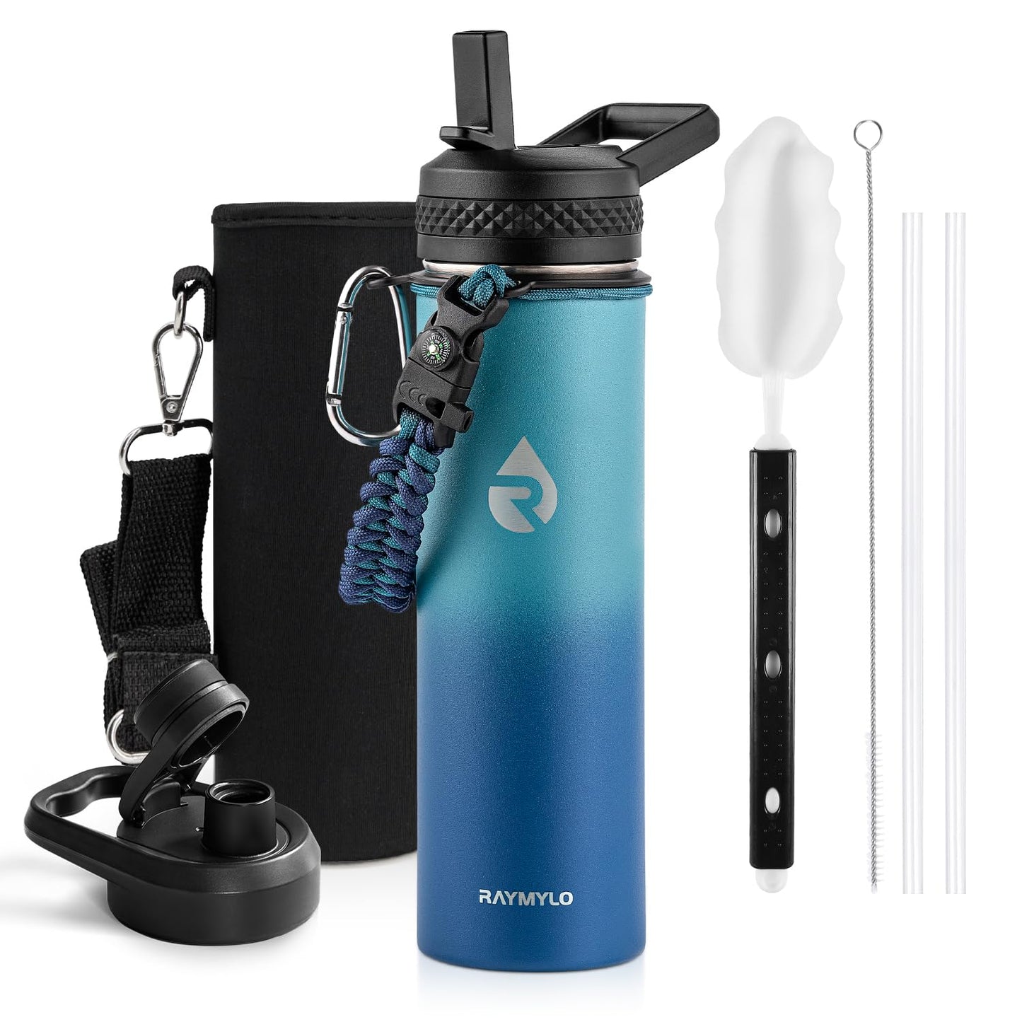 Insulated Water Bottle 64 oz, Triple Wall Vacuum Stainless Steel (Cold for 48 Hrs), Leak Proof & Non-BPA, Half Gallon Water Flask Jug with Paracord Handle & Straw Spout Lids, Magic Black
