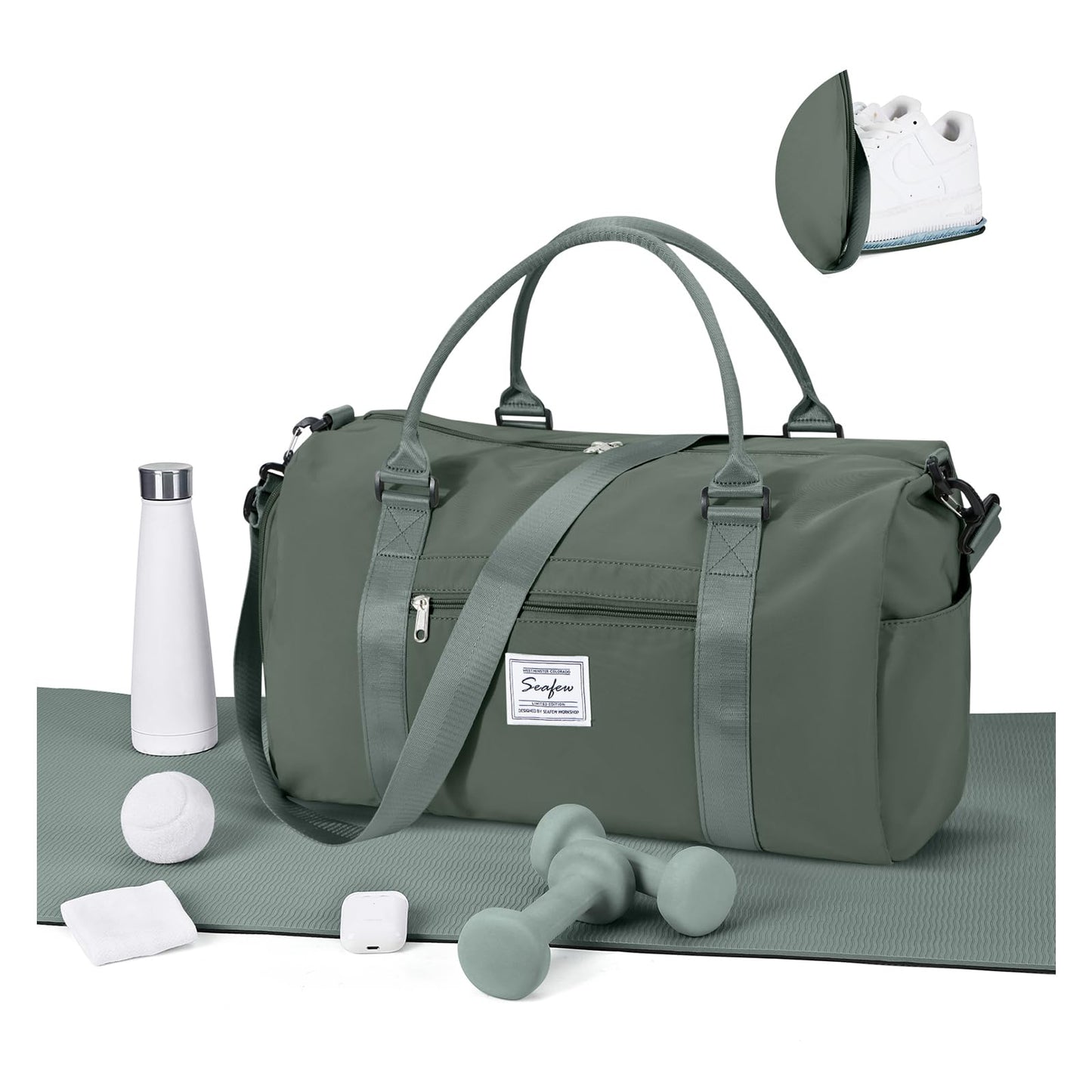 Gym Bags for Women Men with Shoes Compartment,Sports Duffle Bags Personal item travel Duffel Tote Bag Small Carry on Weekender Overnight Bag Workout Dance Bags Hospital Holdalls Grey Green