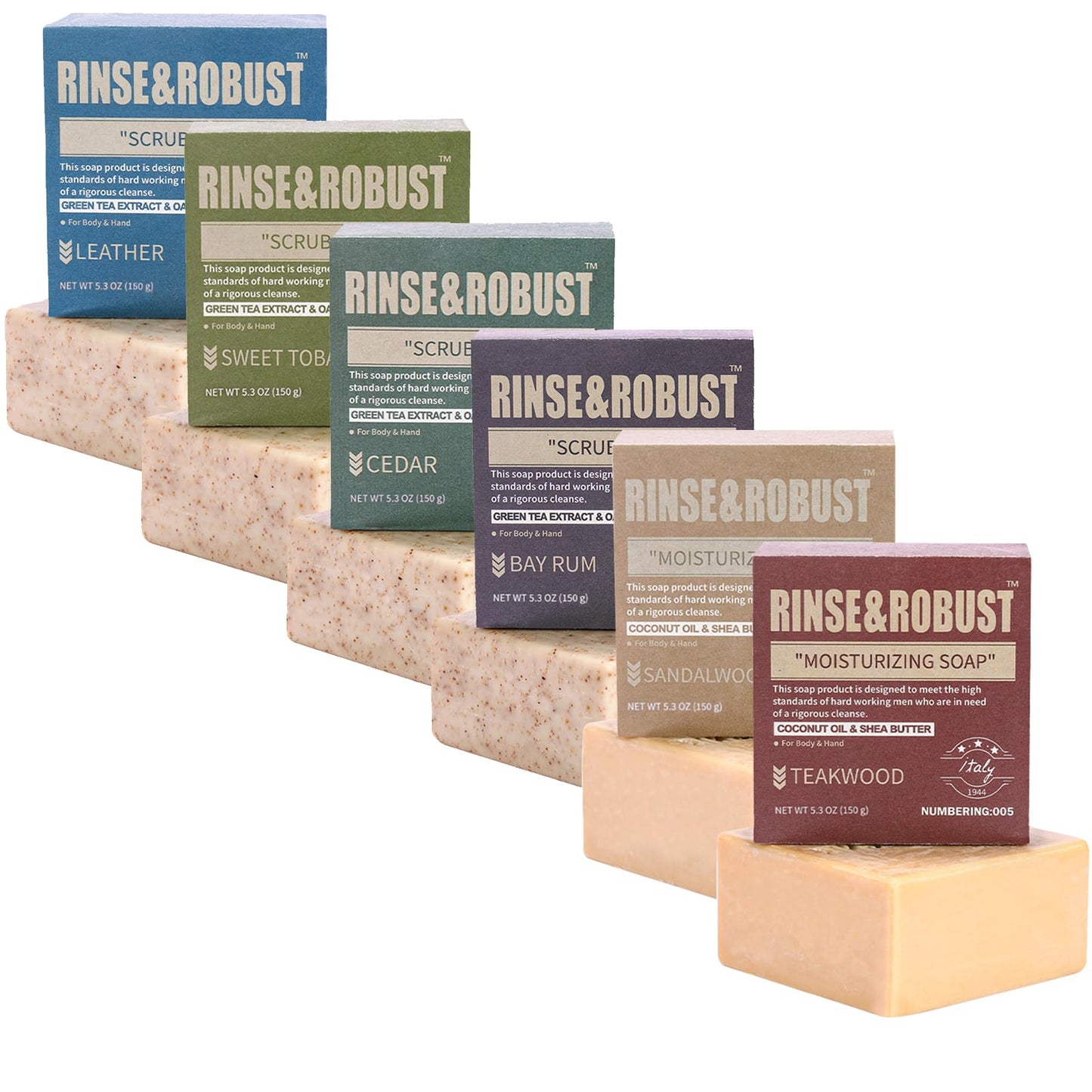 Rinse & Robust Mens Bar Soap 4Pcs Natural Soap Bar Set Cleansing Bar Moisturizing&Exfoliating Scrub Soap Gift Set for Men Face Body Hand Beard Wash 4 In 1 All Skin Type |5.3 oz of 4 Bars