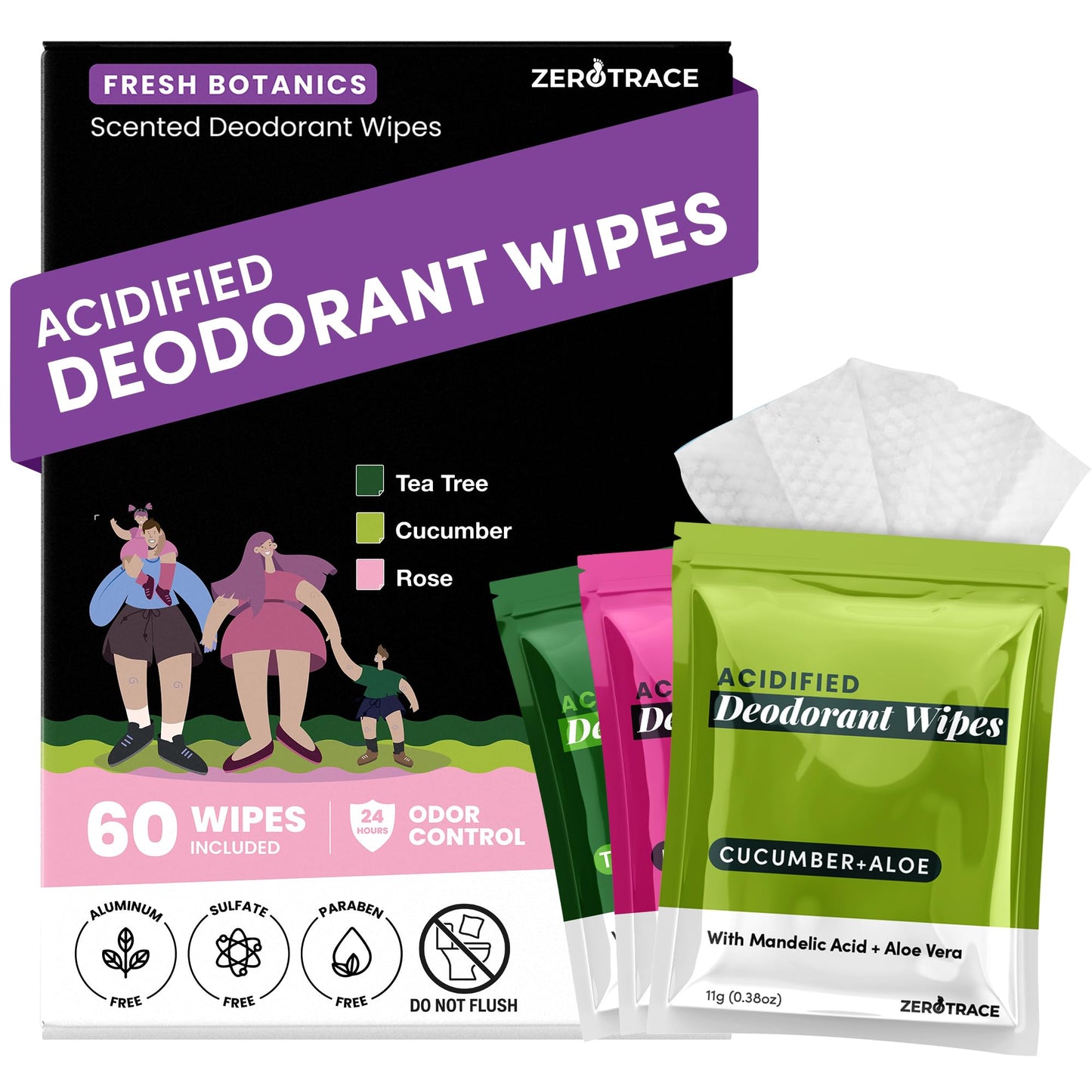 Zero Trace Travel Deodorant Wipes - 60 Count- 24 Hour Odor Control - Aluminum Free Hypoallergenic Deodorant For Women and Men - Individually Wrapped Underarm & Body Wipes - Uscented Bare Fresh