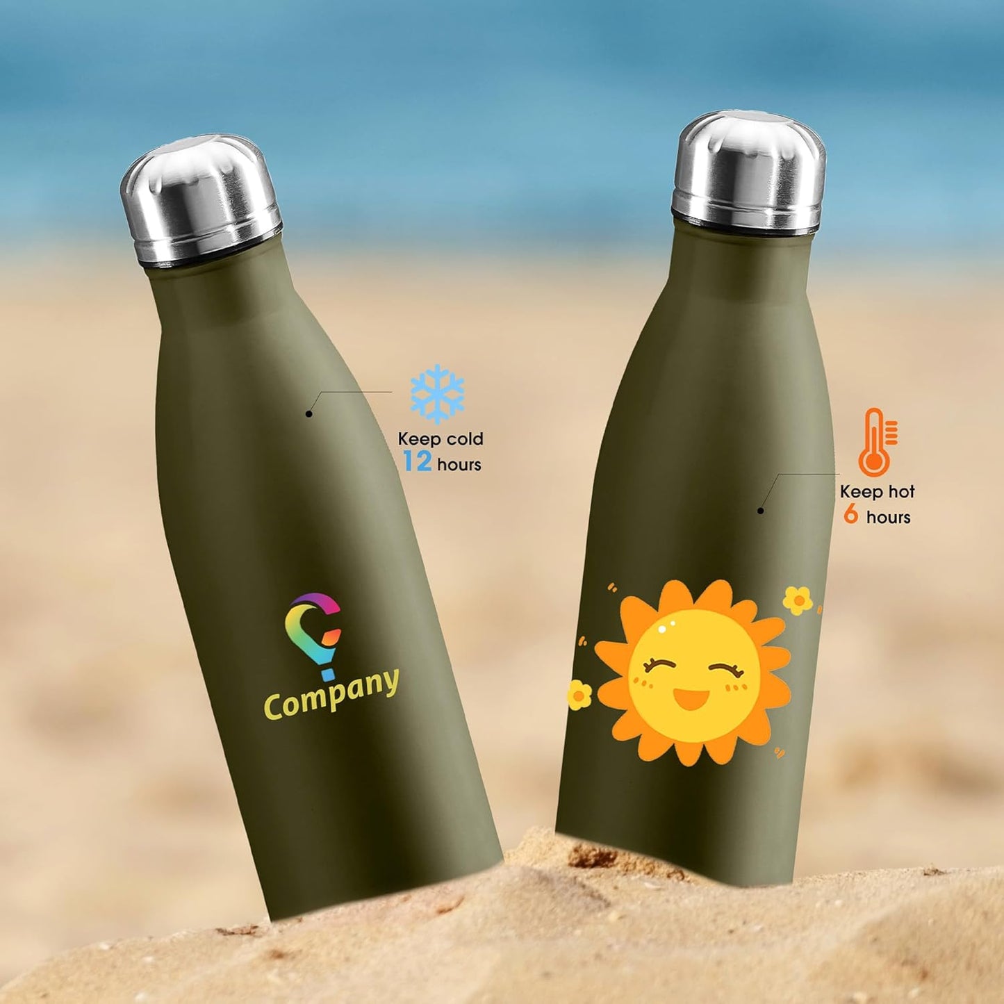 Personalized Custom Water Bottles 17oz Stainless Steel Double Wall Insulated Leakproof Cups for Sports Outdoors With Colorful Text Logo Print in USA