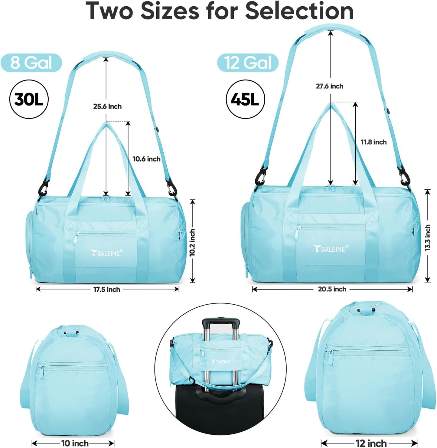 BALEINE Gym Duffel Bag for Women and Men, Small for Sports, Gyms and Weekend Getaway, Waterproof Dufflebag with Shoe and Wet Clothes Compartments, Lightweight Carryon Gymbag (Azure)