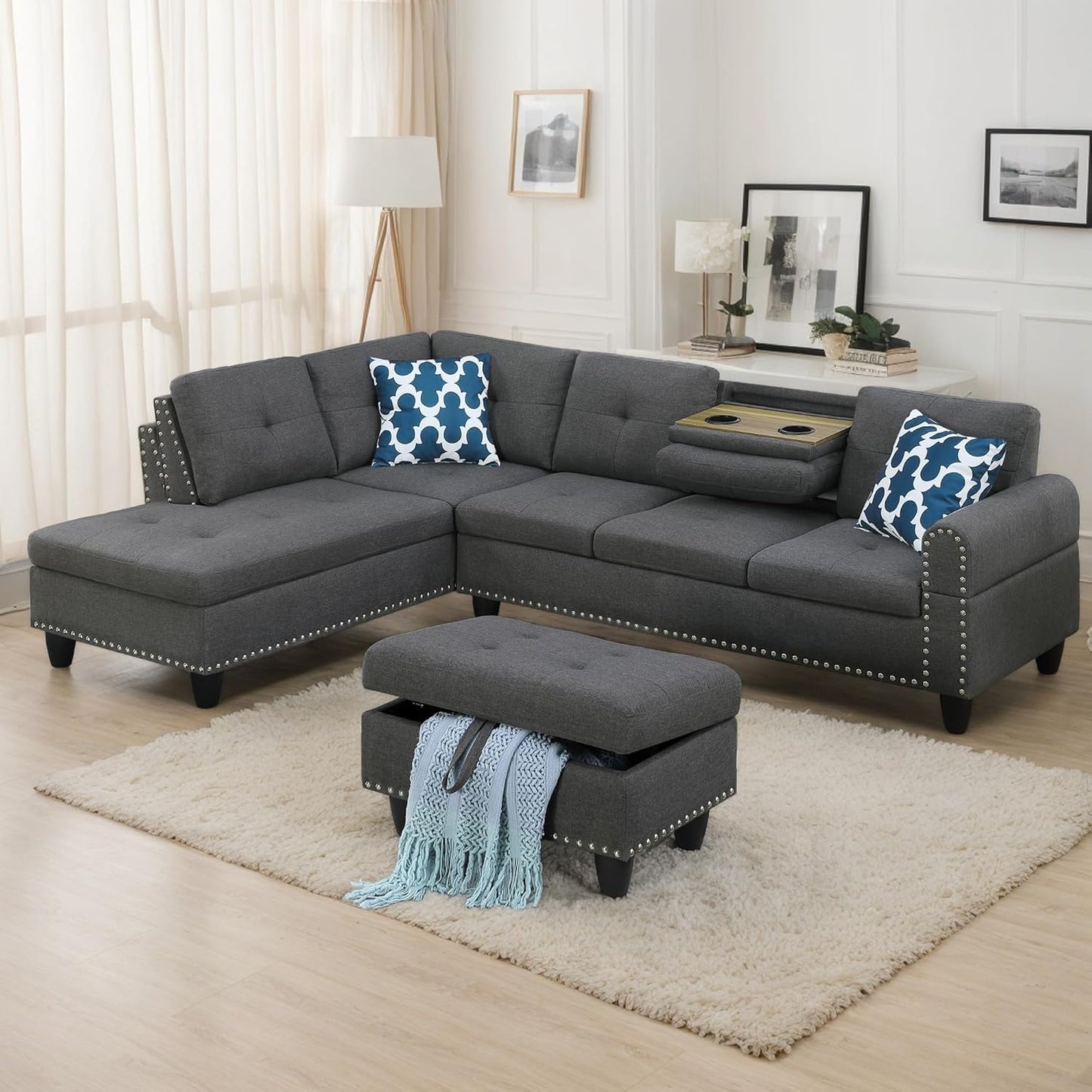 FANYE 3 Piece Modular Sectional Sofa with R Chaise, L-Shaped 5 Seaters Faux Leather Upholstered Corner Sofa & Couch W/2 Cup Holders and Storage Ottoman for Home Apartment Office Living Room