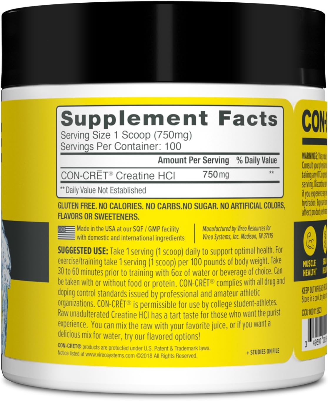 CON-CRET Creatine HCl Powder | Muscle, Cognitive, Cellular Energy Support | No Bloating or Cramps | USA Made & NSF Certified | Unflavored (100 Serving)