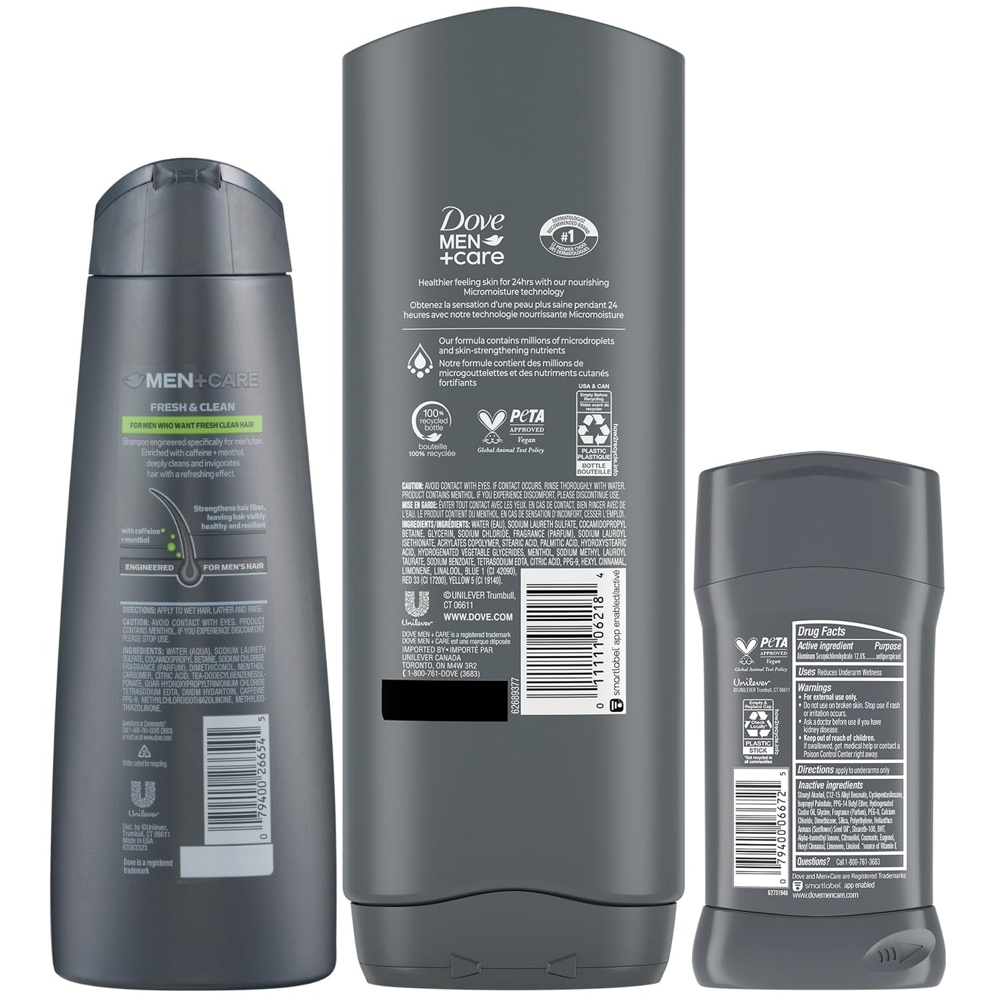 Dove Men + Care Bundle – Extra Fresh Body Wash & 72H Deodorant + Fresh + Clean 2-in-1 Shampoo and Conditioner, Citrus Scent (3 Piece Set)