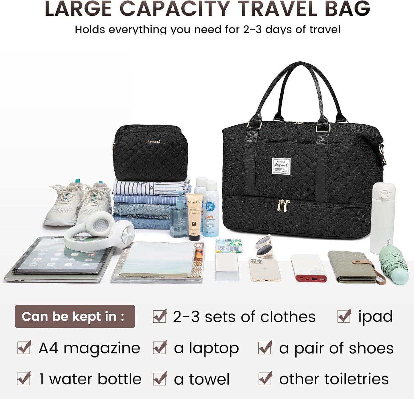 LOVEVOOK Travel Duffle Bag,Weekender Bags for Women with Shoe Compartment,Carry on Overnight Bag with Toiletry Bag,Gym Duffel Bag with Wet Pocket, Hospital Bags for Labor and Delivery