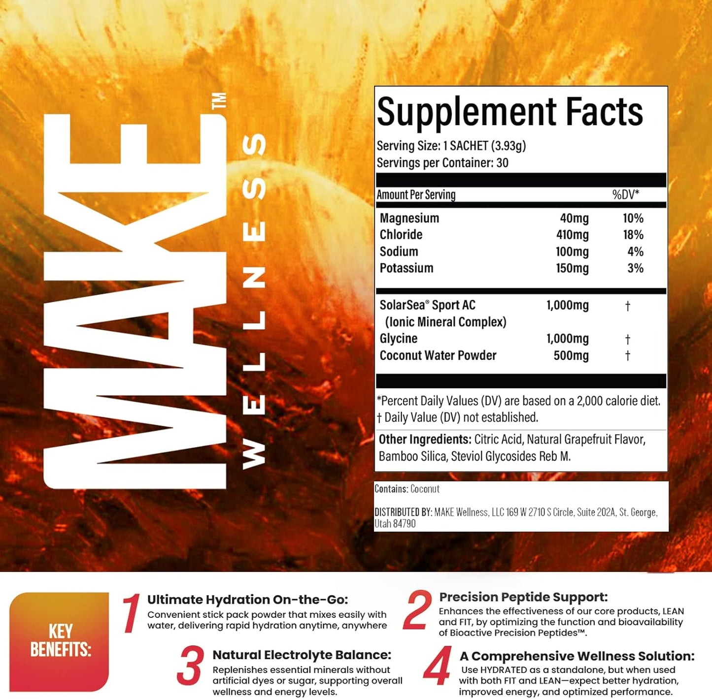 HYDRATED Supplement | 30 Servings | Grapefruit Flavor | Supports Cellular Hydration & Electrolyte Balance | Aids Peptide Signaling for Overall Wellness