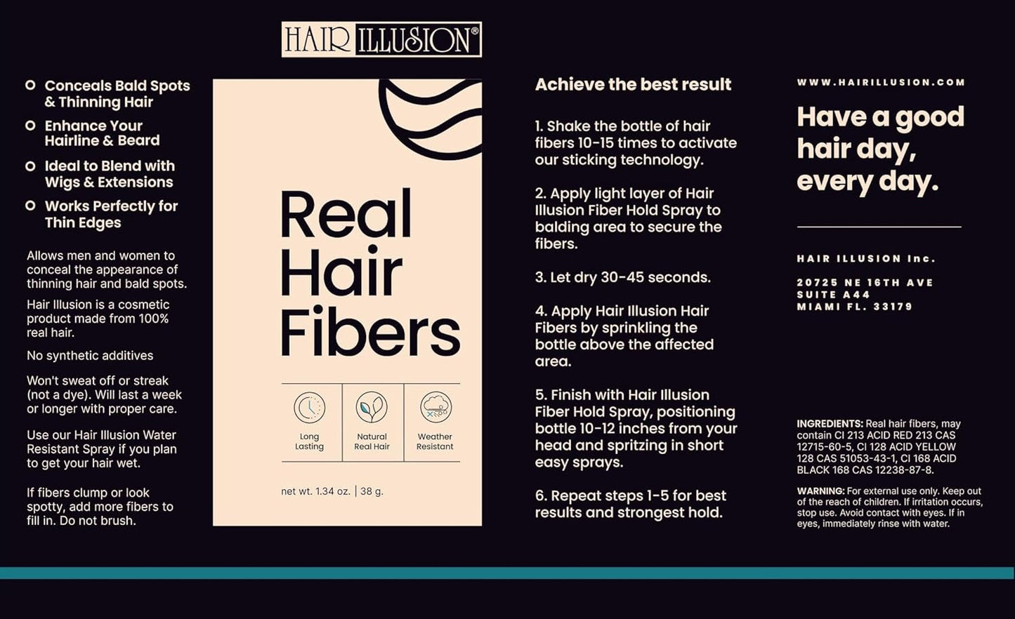 Hair Illusion Dark Brown Real Hair Fibers for Thinning Hair - 100% Natural Texture, Non Synthetic Hair Fibers - Bald Spot Cover Up for Women & Men - 38 Gram