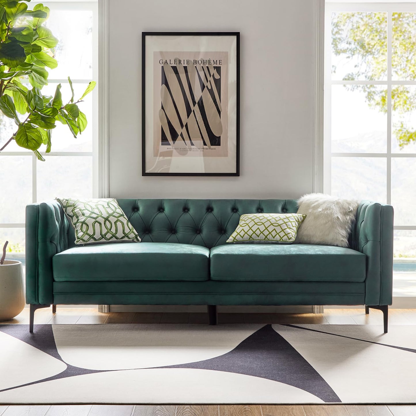 HULALA HOME 84" W Faux Leather Sofa Couch with Metal Legs, Button-Tufted 3-Seater Sofa, Mid Century Modern Upholstered Couch for Living Room, Entertainment Area, Apartment,Camel