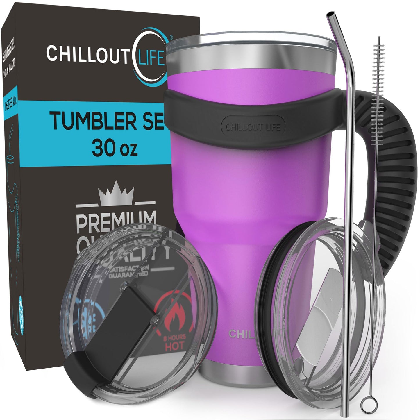 CHILLOUT LIFE Stainless Steel Travel Mug with Handle 30 oz – 6 Piece Set. Tumbler with Handle, Straw, Cleaning Brush & 2 Lids. Double Wall Insulated Large Coffee Mug Bundle
