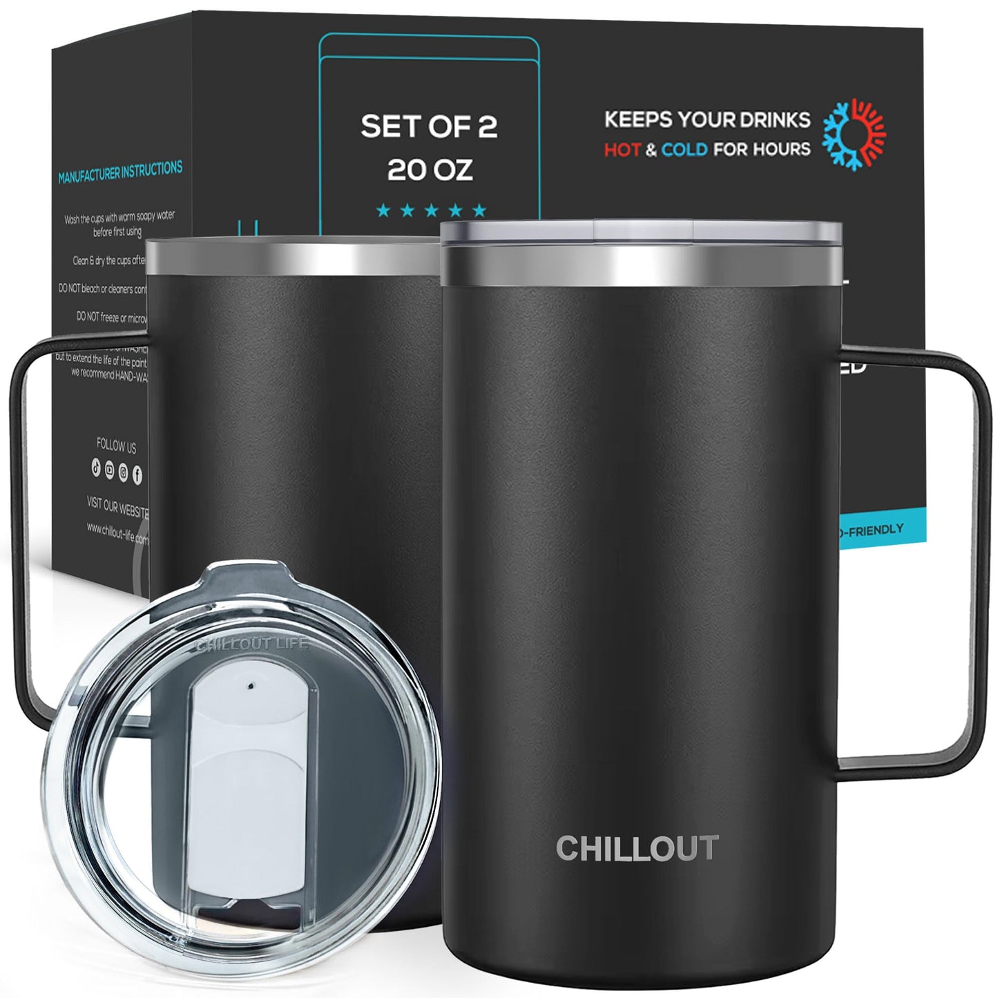 CHILLOUT LIFE Stainless Steel Vacuum Insulated Coffee Mug 16 oz (Set of 2) with Handle and Lid, Large Thermal Camping Coffee Mugs with Sliding Lid for Men & Women, Keeps Your Beverages Hot & Cold