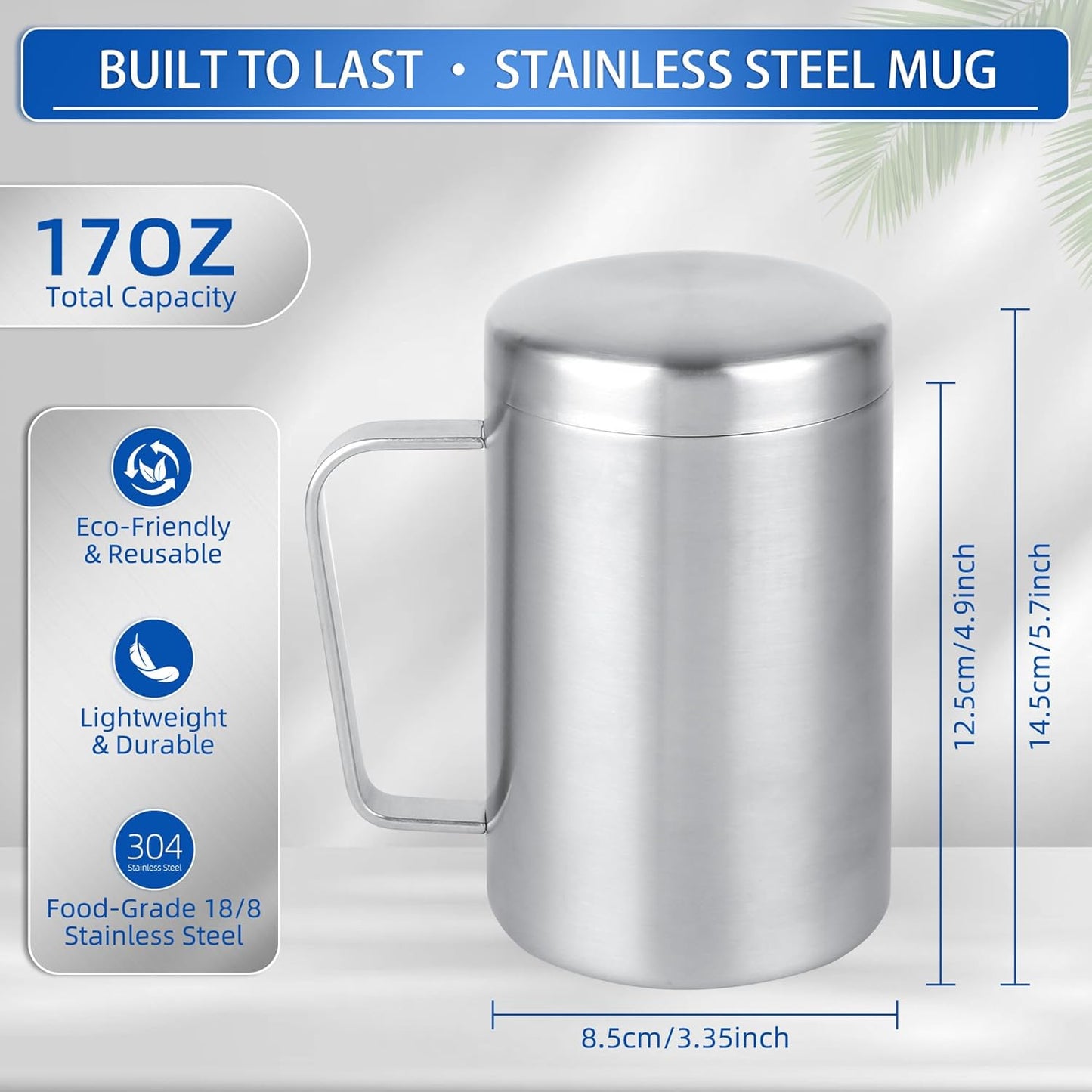 17 oz Stainless Steel Double-Walled Mugs – Insulated Coffee & Tea Cups with Handles and Lids for Camping and Everyday Use – Set of 2