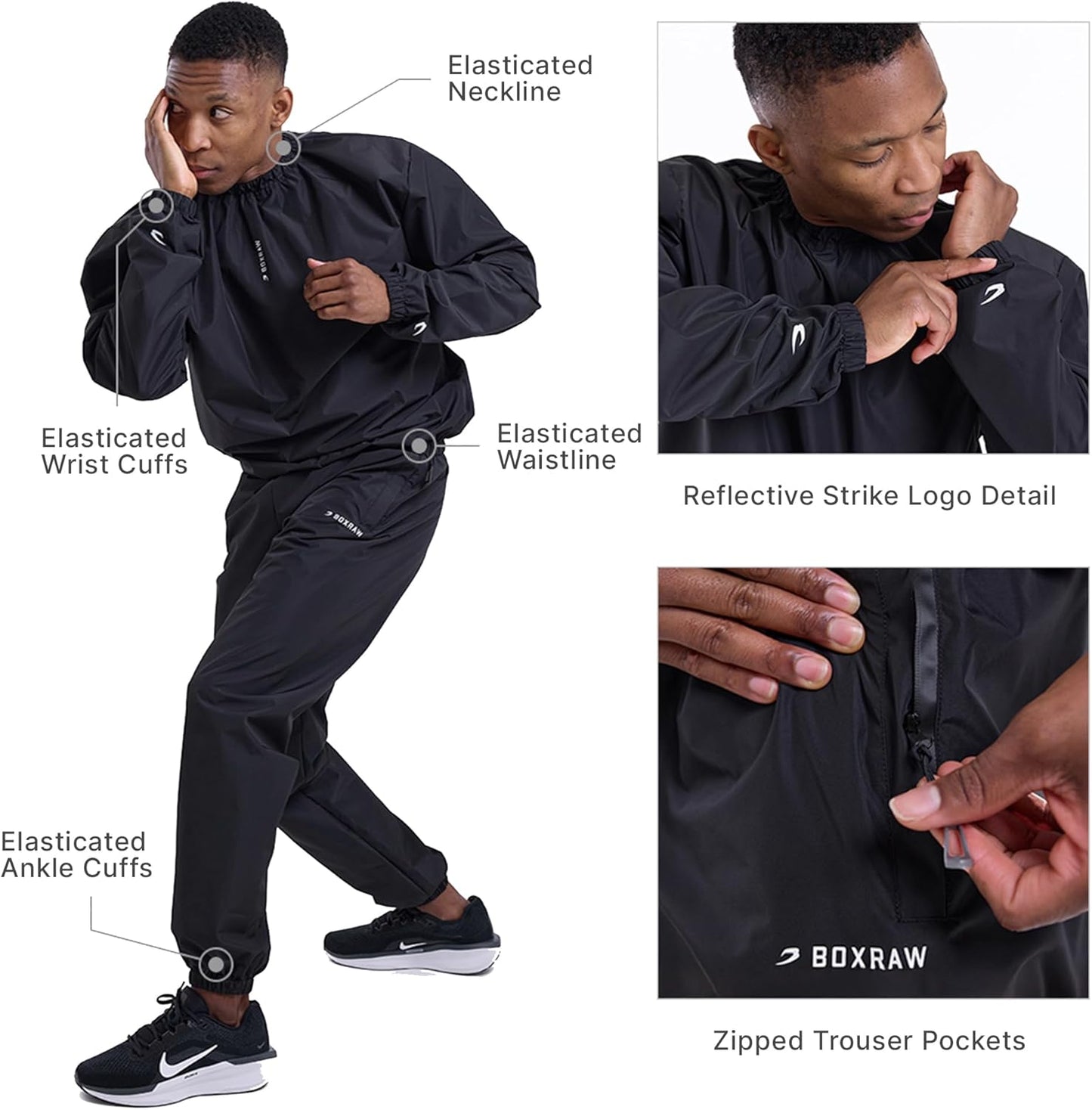 BOXRAW Lineal Professional Sauna Suit for Men Top & Bottoms Non Rip Weight Loss Sweat Suit Boxing MMA Training Gym