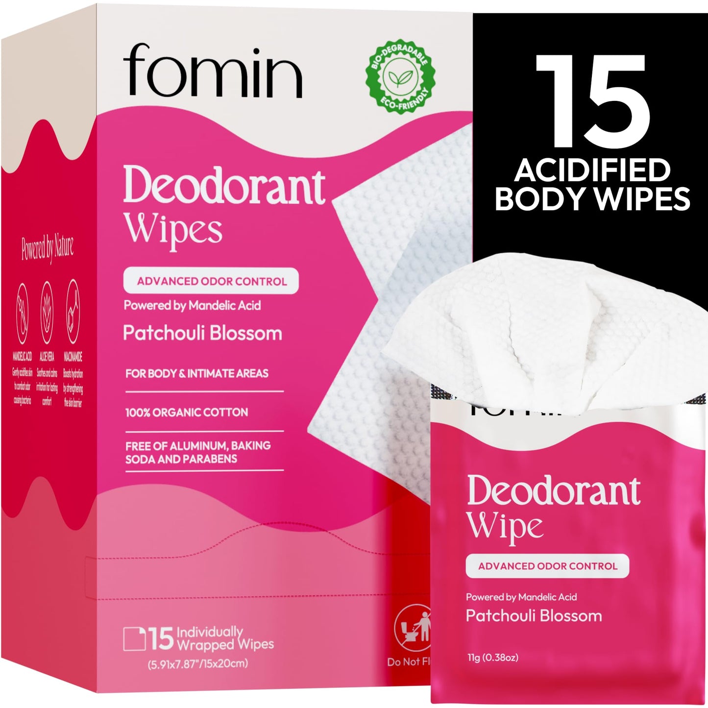 FOMIN Acidified Travel Deodorant Wipes For Women & Men - 15 Count - Variety Pack - pH Balanced, Mini Deodorant Travel Size Wipes - Plastic-Free, Individually Wrapped Underarm Body Wipes