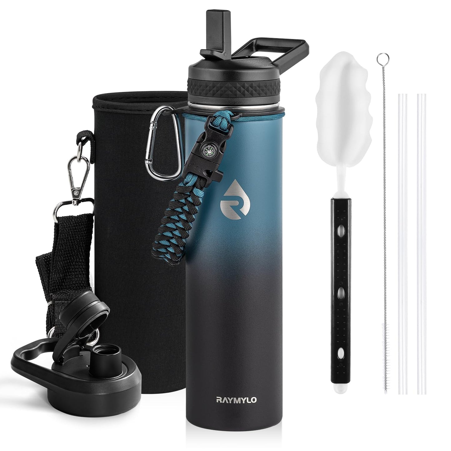 Insulated Water Bottle 64 oz, Triple Wall Vacuum Stainless Steel (Cold for 48 Hrs), Leak Proof & Non-BPA, Half Gallon Water Flask Jug with Paracord Handle & Straw Spout Lids, Magic Black