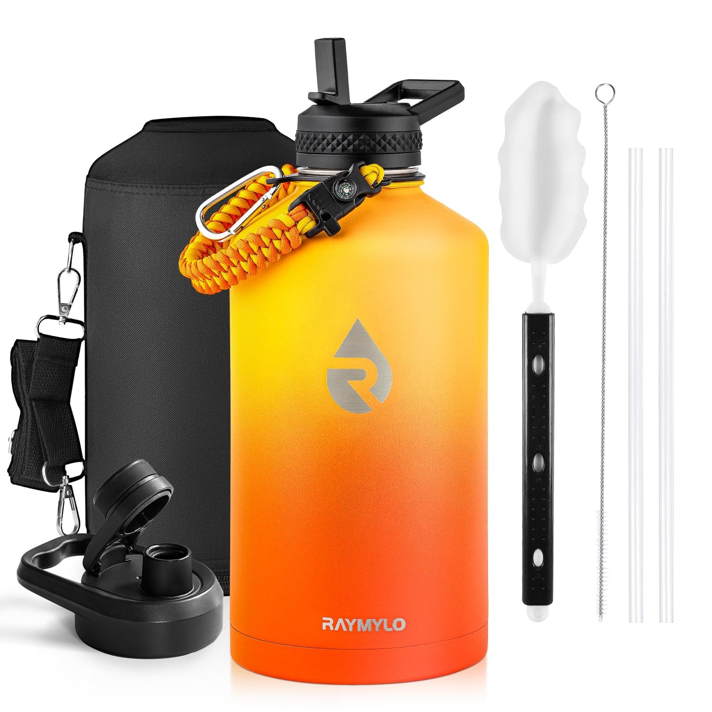 Insulated Water Bottle 64 oz, Triple Wall Vacuum Stainless Steel (Cold for 48 Hrs), Leak Proof & Non-BPA, Half Gallon Water Flask Jug with Paracord Handle & Straw Spout Lids, Magic Black