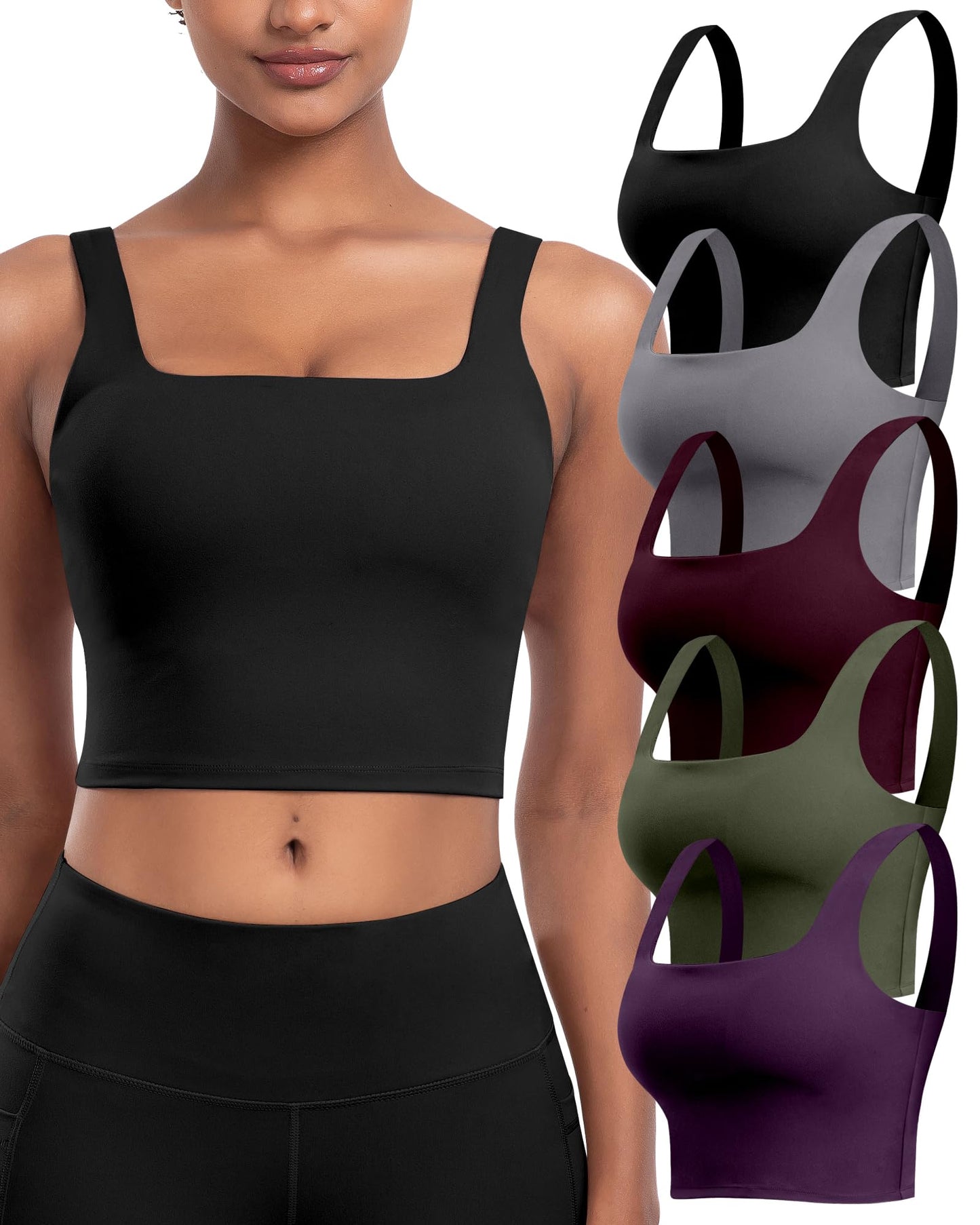 Womens Sports Bras 5 Packs - Square Neck Longline Workout Crop Tank Tops Padded Yoga Camisole with Built in Pads
