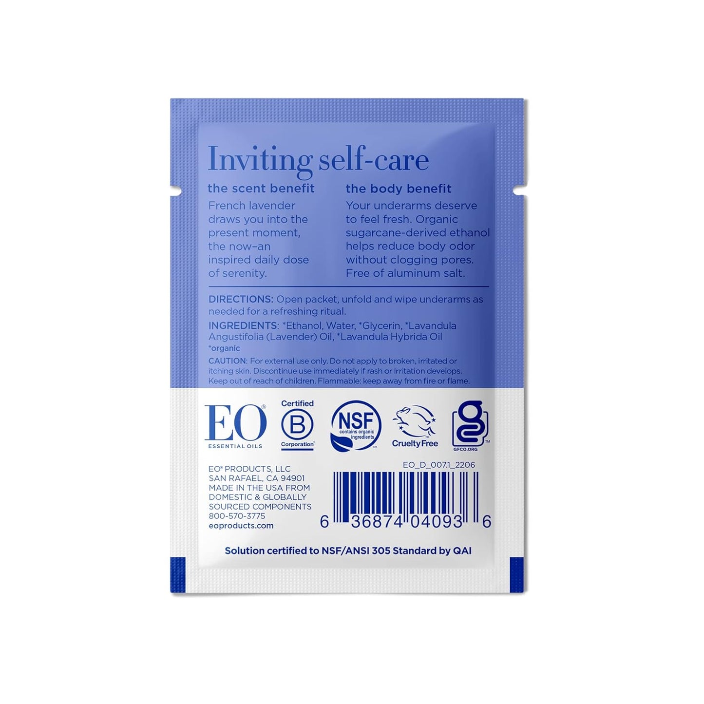 EO Natural Deodorant Wipes, 6 Wipes (Pack of 12), French Lavender, Organic Plant-Based with Pure Essential Oils