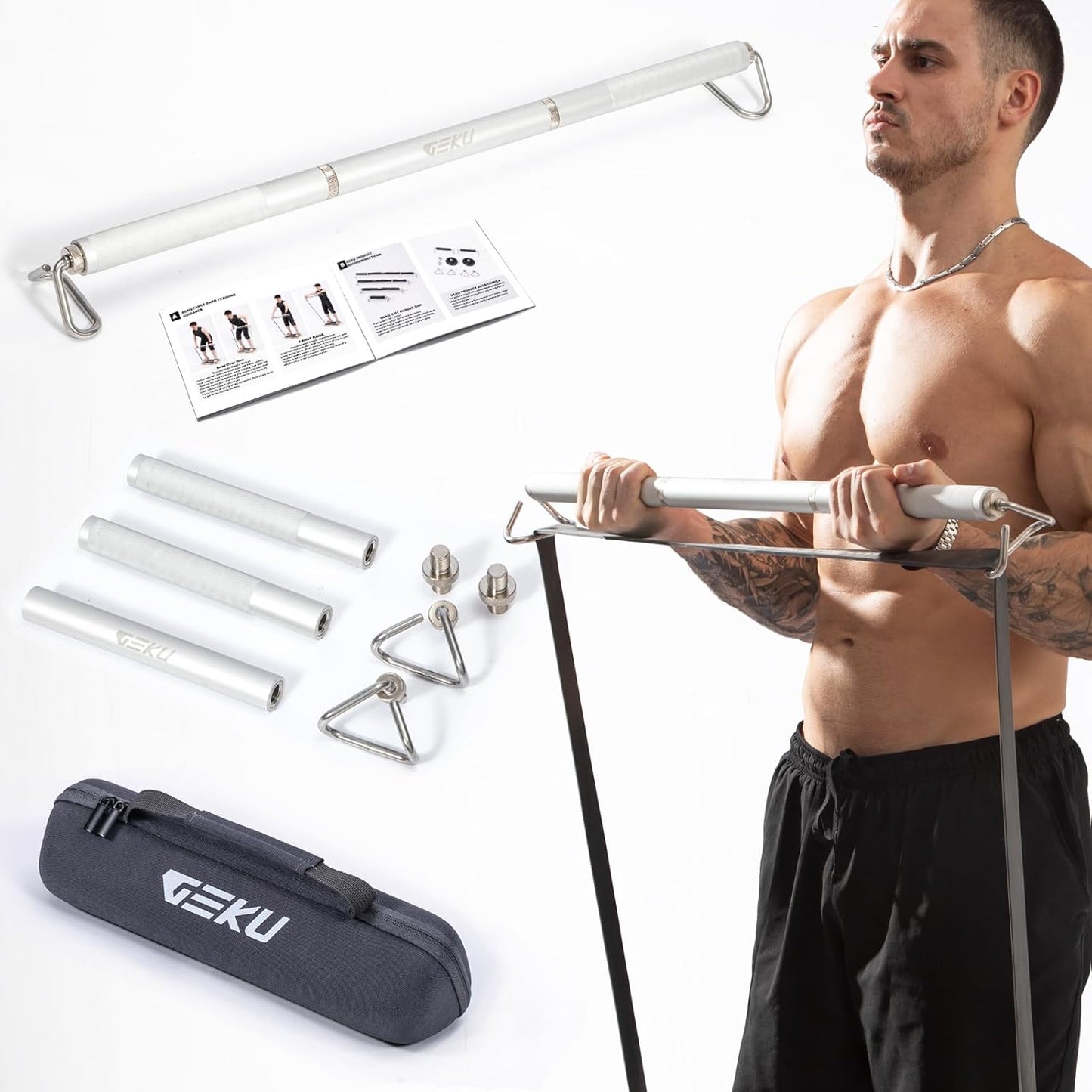 Aluminum Resistance Band Bar, 3-Section Detachable Heavy Duty Workout Bar for Resistance Band Exercises, Strength Training, and Home Gym (Metal Bar-Enlarged Hooks)