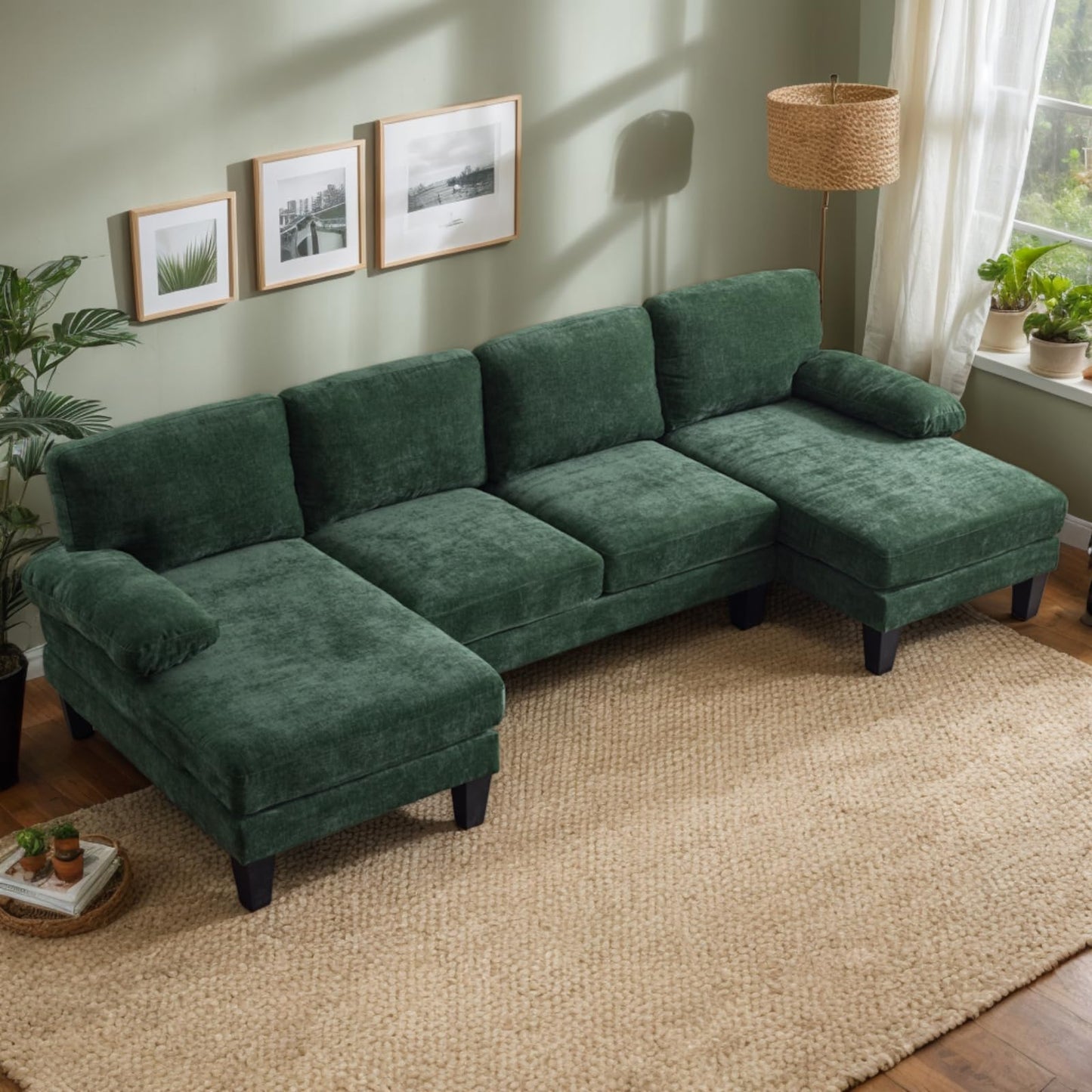 Karl home U-Shape Sectional Sofa Couch 111" Modern 4-Seat Sofa with Chaises Chenille Fabric Upholstered Covertible Couch with Wood Grain Legs for Living Room, Reception Room, Apartment, Beige