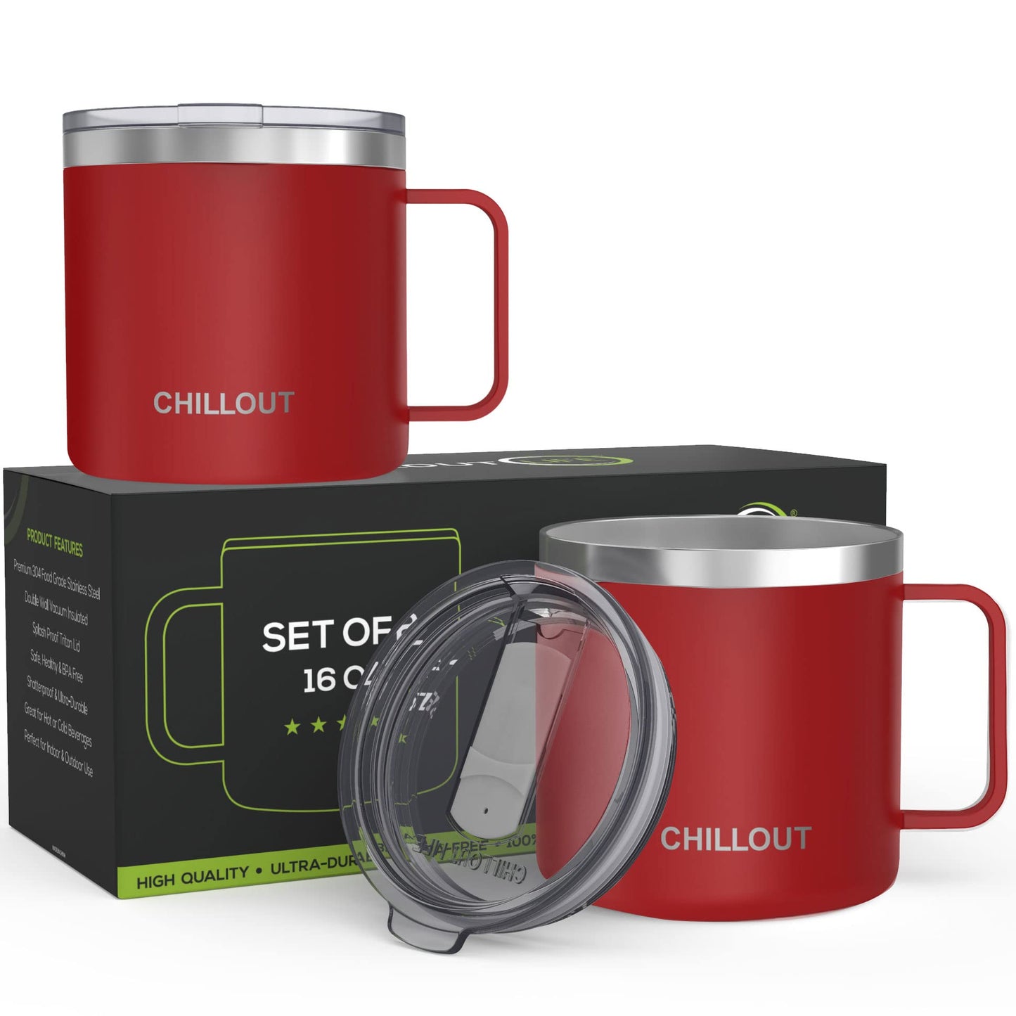 CHILLOUT LIFE Stainless Steel Vacuum Insulated Coffee Mug 16 oz (Set of 2) with Handle and Lid, Large Thermal Camping Coffee Mugs with Sliding Lid for Men & Women, Keeps Your Beverages Hot & Cold